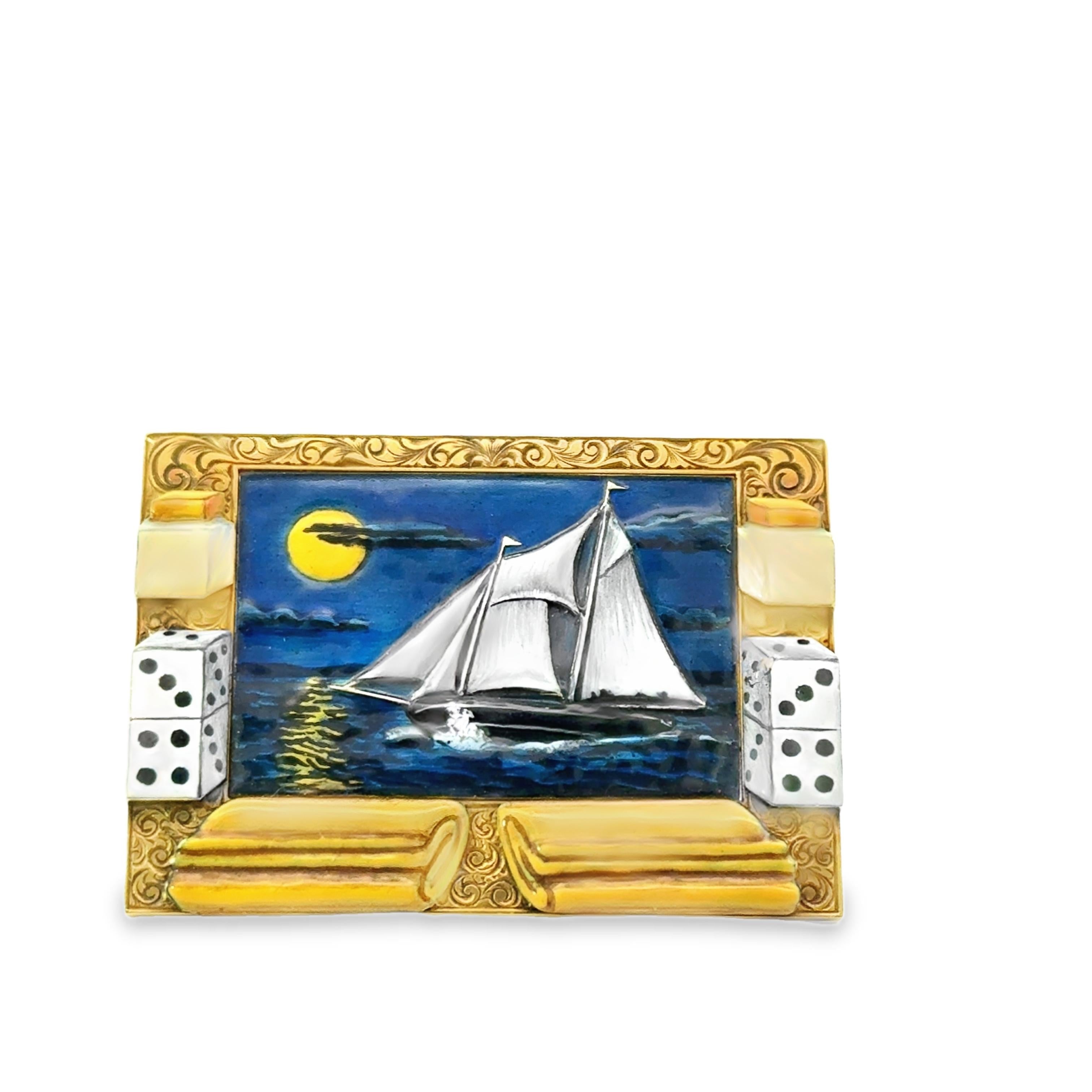 1930's Sailboat Enamel and Gold Brooch with Dice Motif