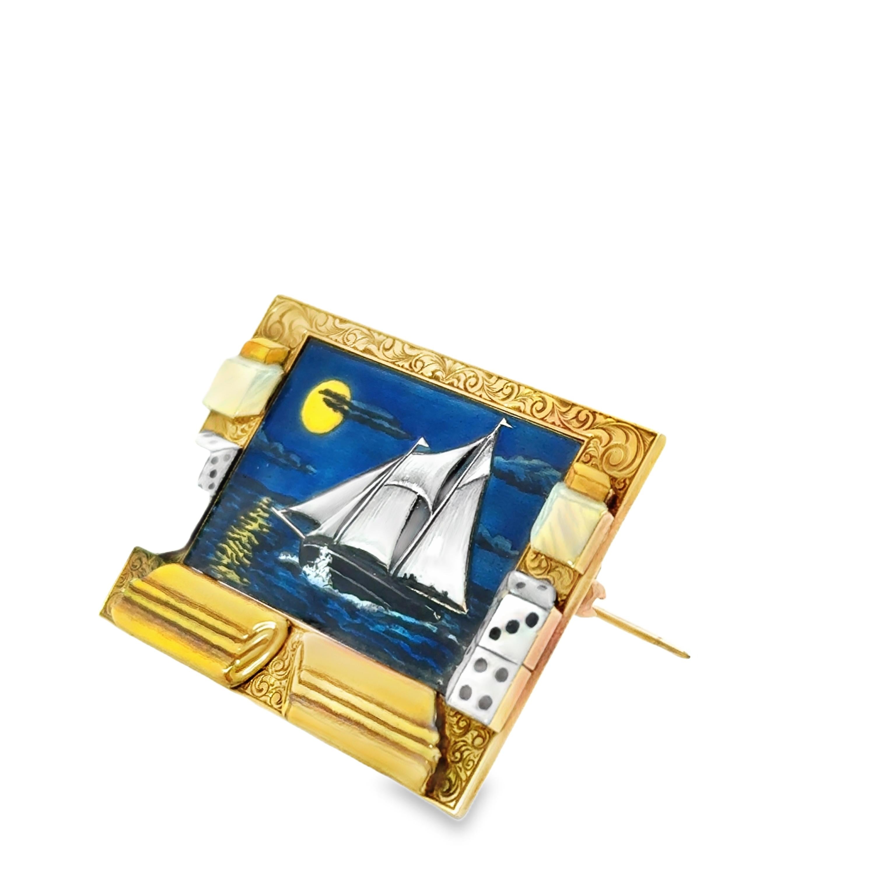 1930's Sailboat Enamel and Gold Brooch with Dice Motif
