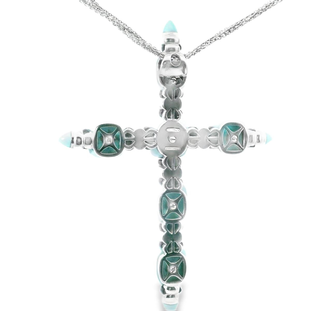 18k White Gold  Italian Vintage Diamond  Turquoise Onyx Cross Pendant