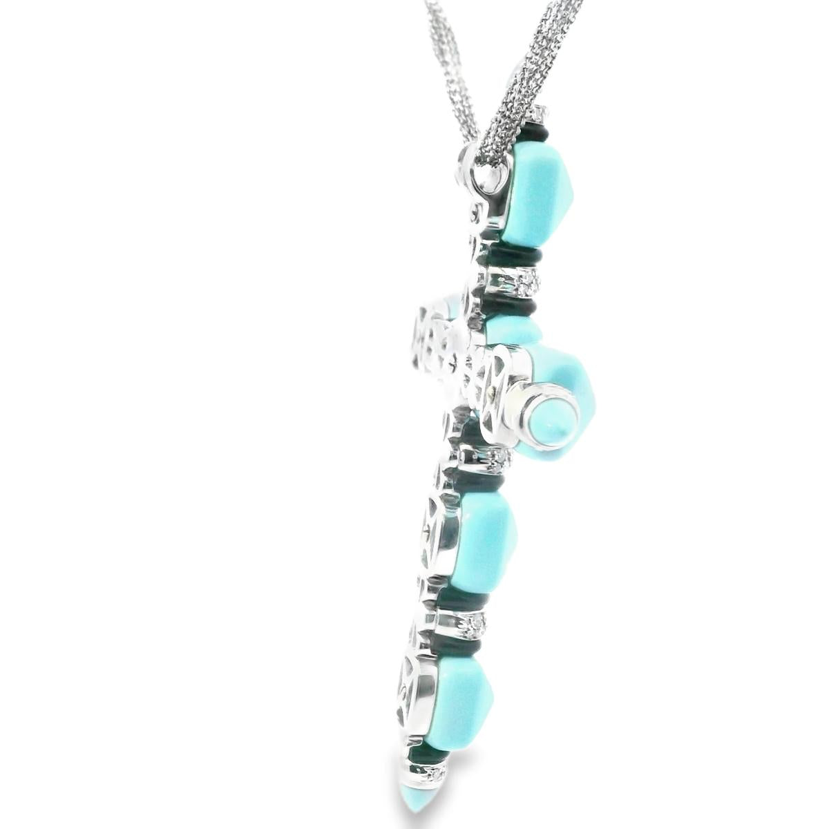 18k White Gold  Italian Vintage Diamond  Turquoise Onyx Cross Pendant