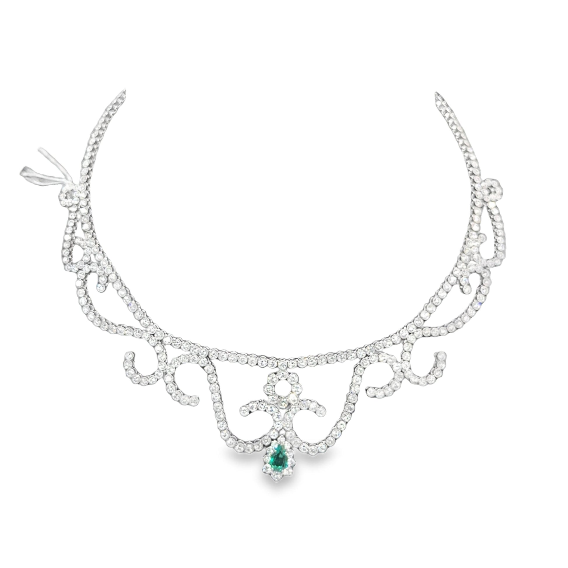 1980s Platinum Diamond & Emerald Drop Necklace