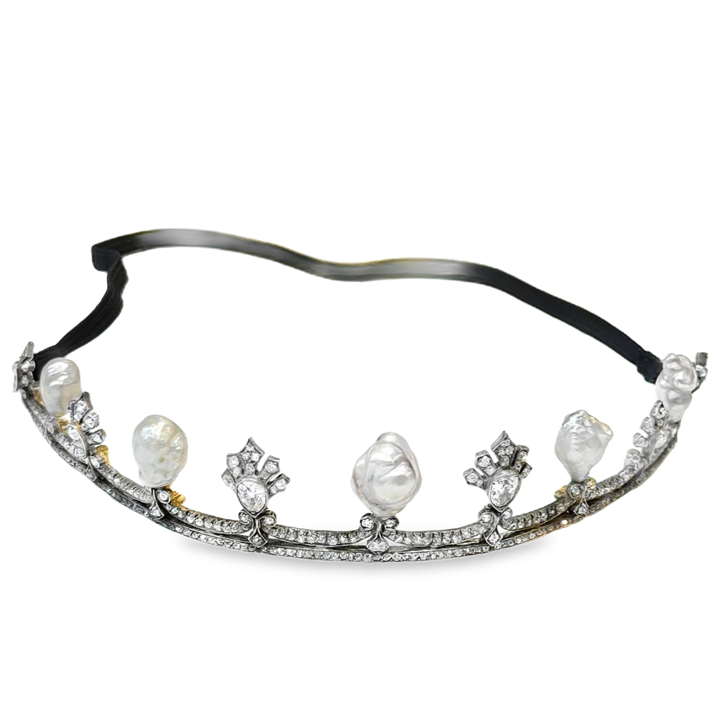 A tiara in gold, silver, baroque pearls and diamonds