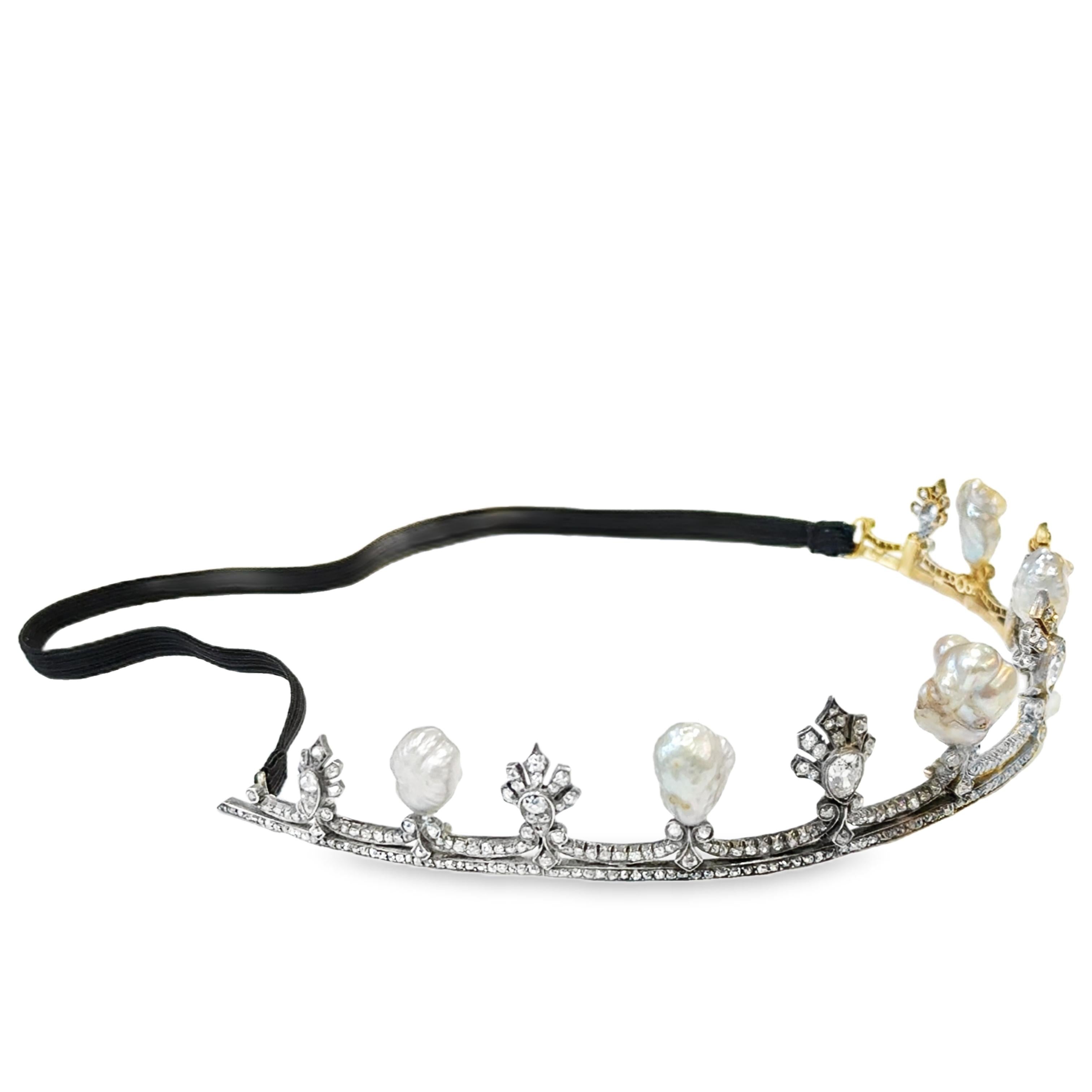A tiara in gold, silver, baroque pearls and diamonds