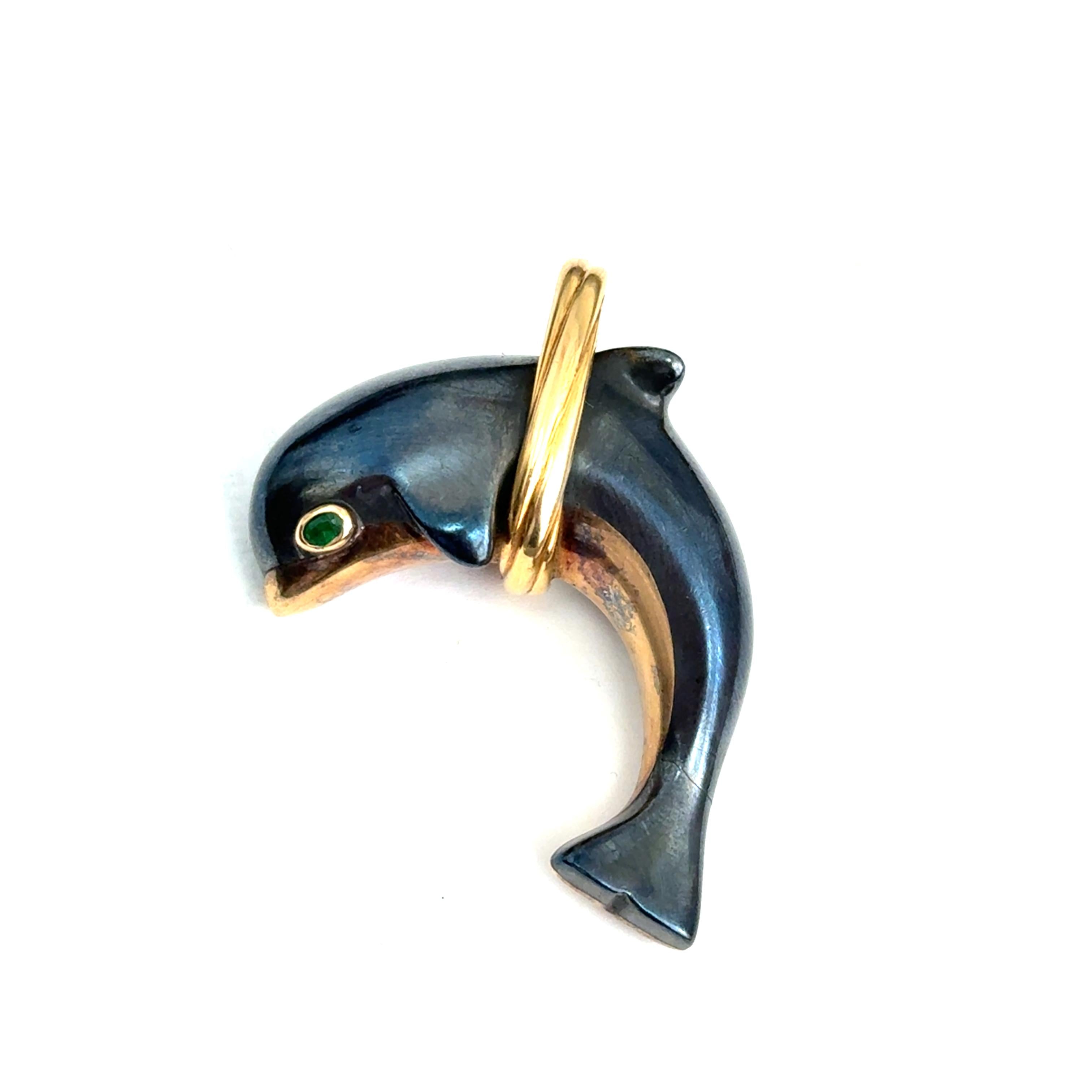 18k Yellow Gold and Hematite Dolphin Pendant By Cartier