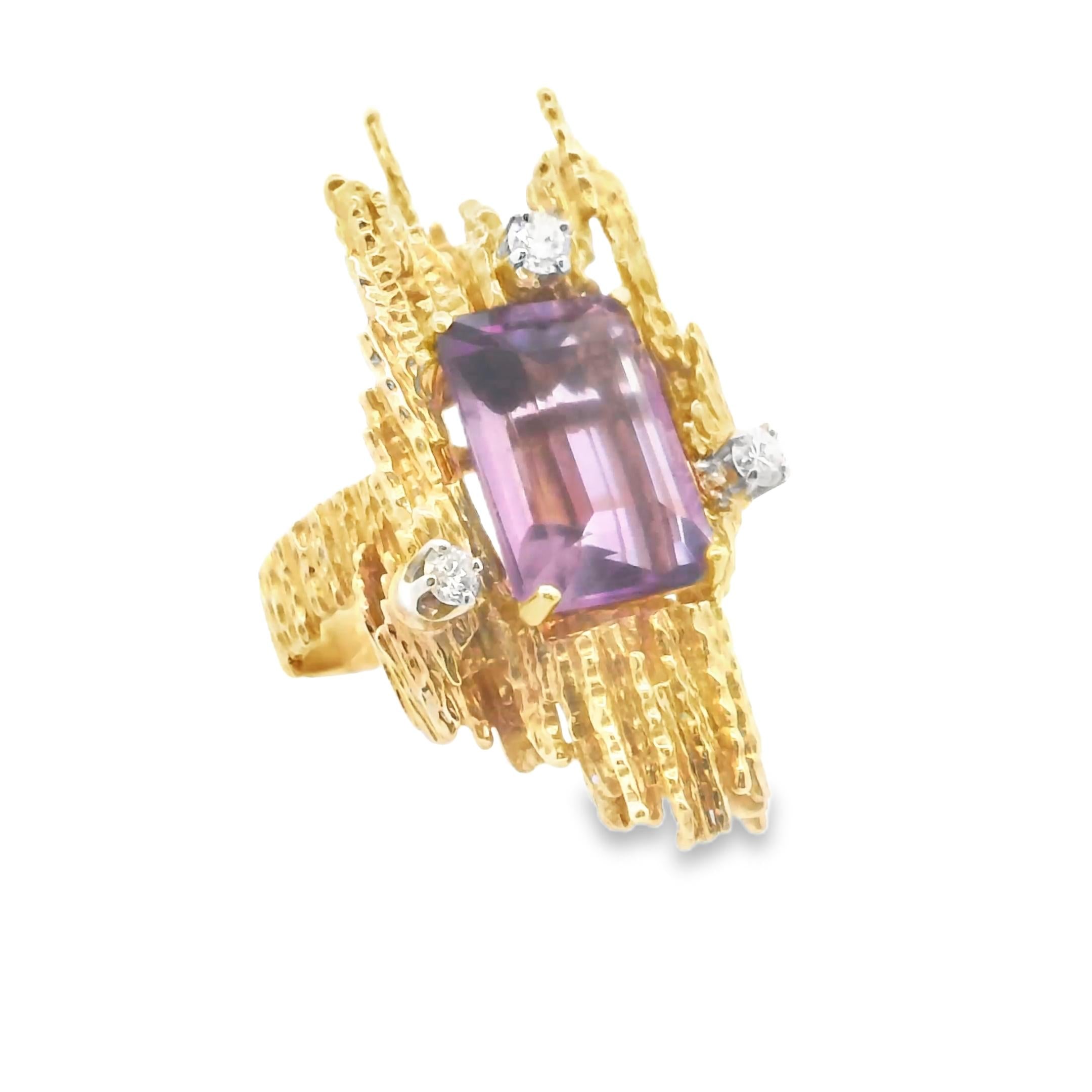 Brutalist Amethyst & Diamond Ring in 18k Gold, circa 1970s