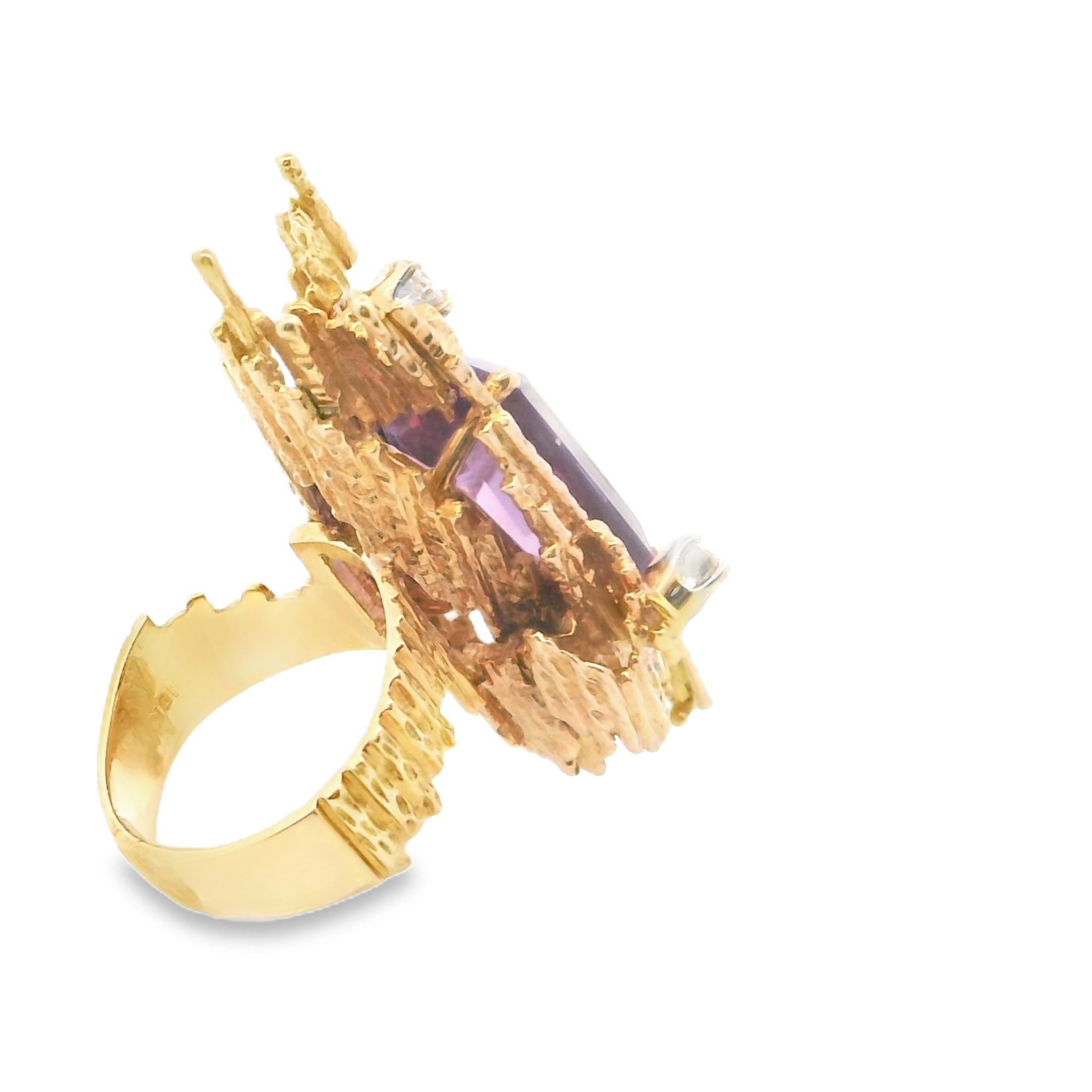 Brutalist Amethyst & Diamond Ring in 18k Gold, circa 1970s