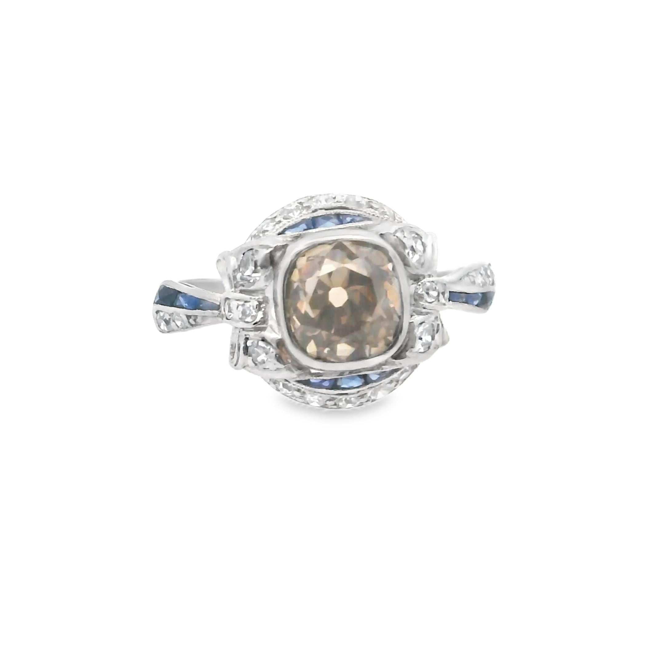 Art Deco Platinum Engagement Ring with Fancy Brown Diamond and Sapphire Accents