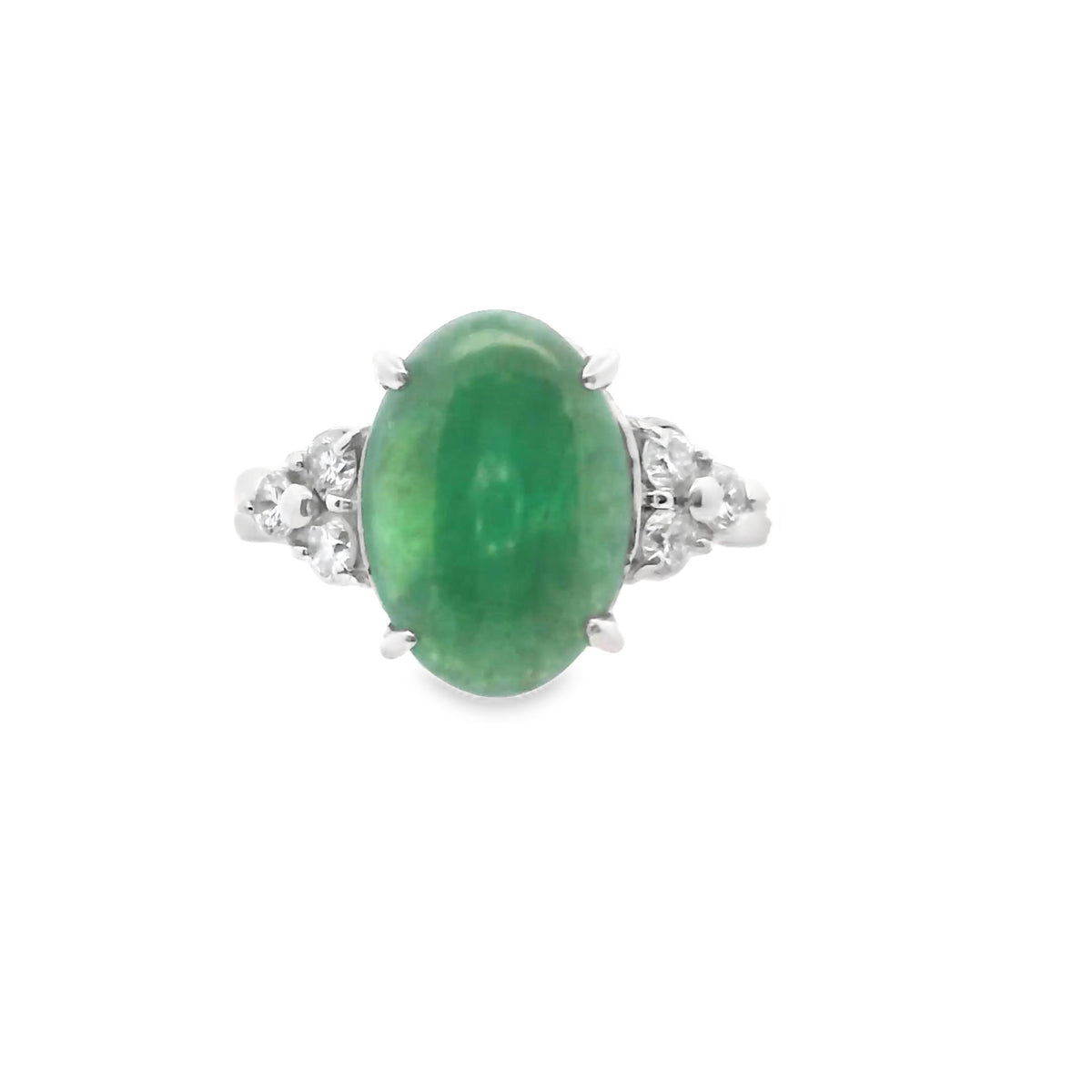 1960s Platinum Cabochon Jade and Diamond Ring, view 3
