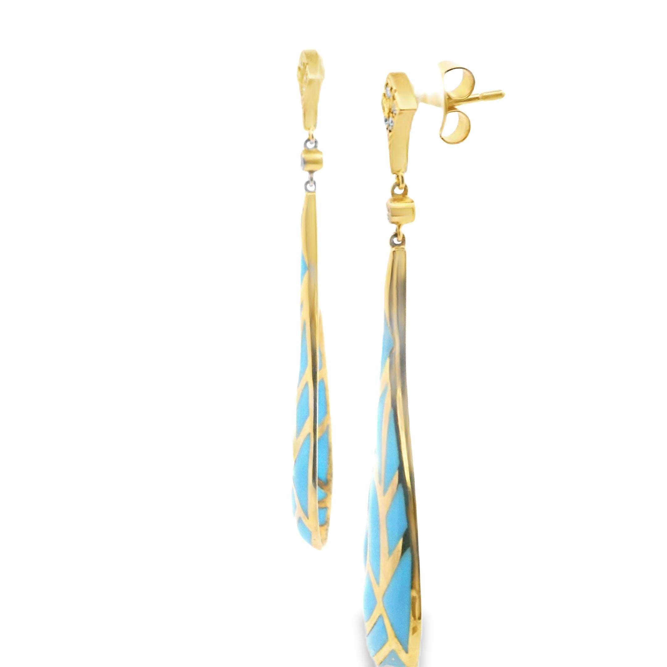 Italian Modernist Blue Enamel Drop Earrings in 18k Gold with Diamonds