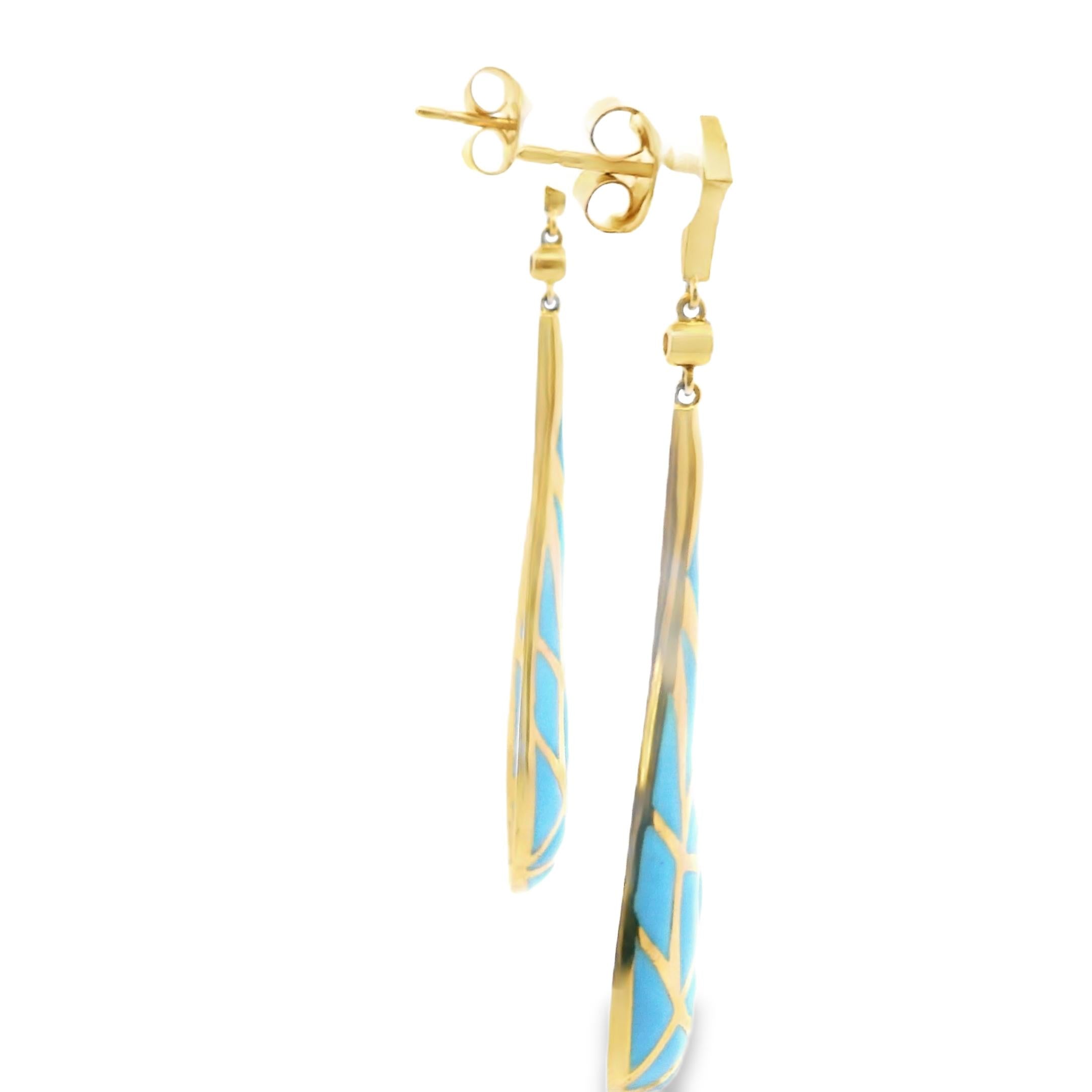Italian Modernist Blue Enamel Drop Earrings in 18k Gold with Diamonds