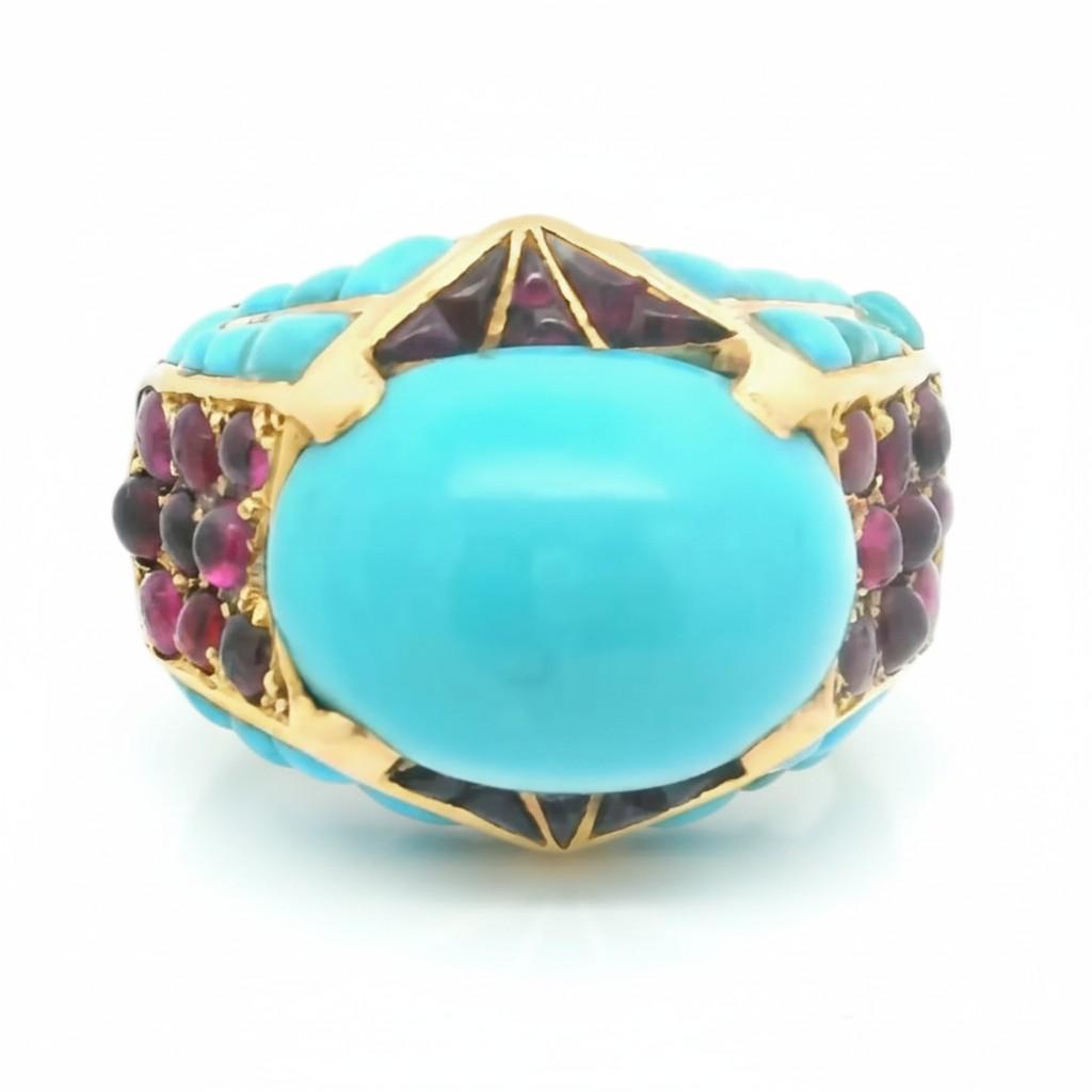 French 1940s Turquoise and Ruby Geometric Ring