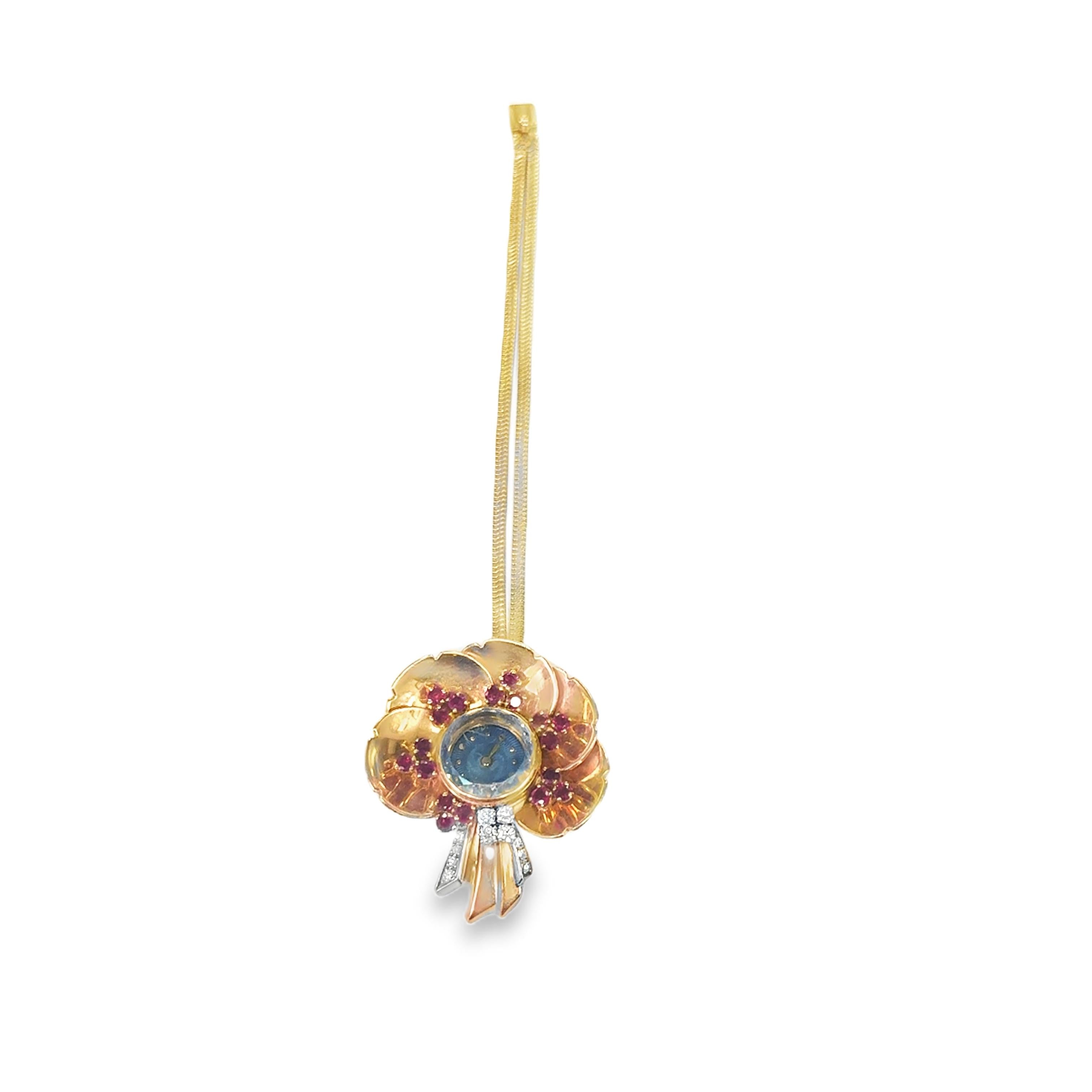 1940s Two-Tone Gold Floral Watch with Ruby and Diamond Accents