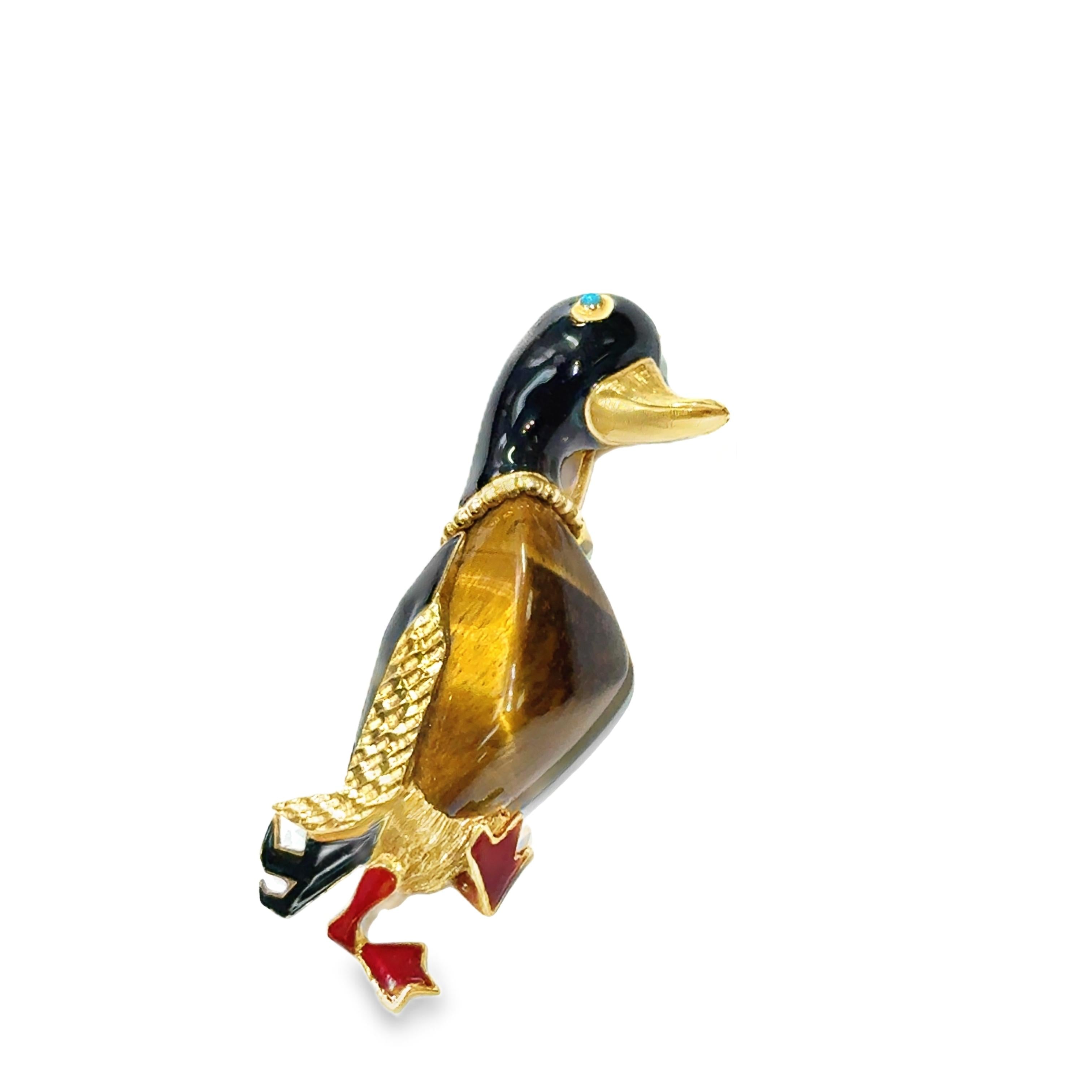18K Yellow Gold Cartier Tiger Eye Enamel Duck Brooch