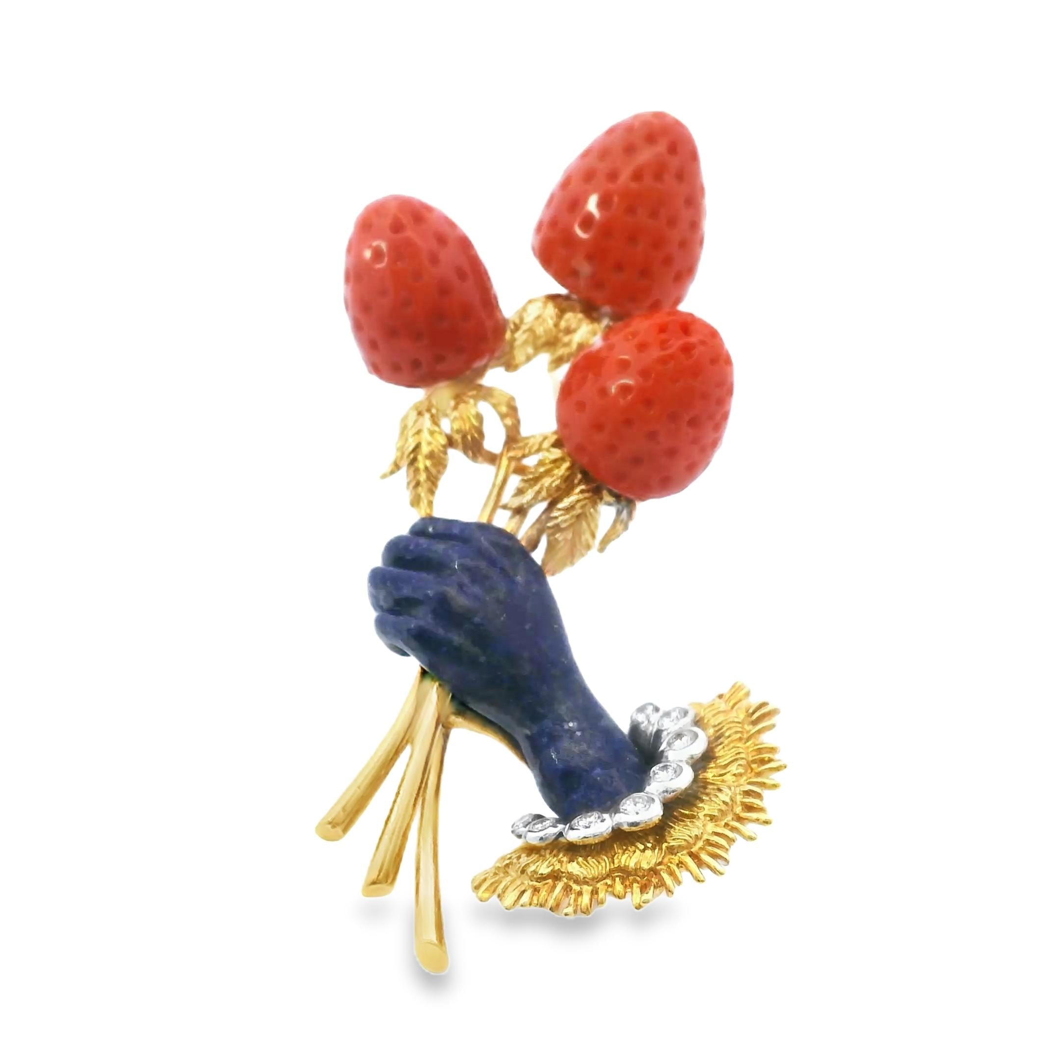 18K Wander France Strawberry Coral Lapis Diamond Brooch
