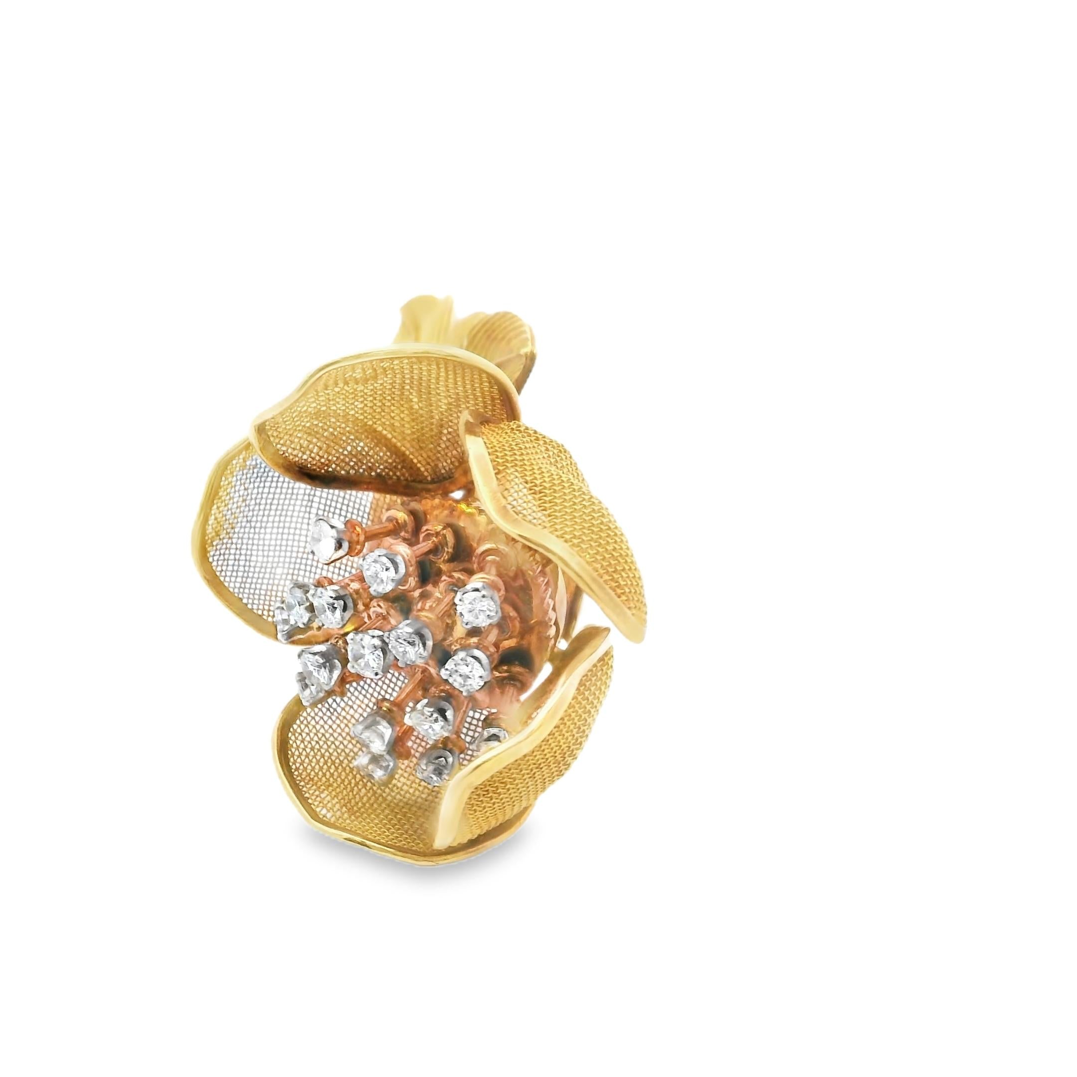 18K Gold French Diamond Rose Flower Brooch