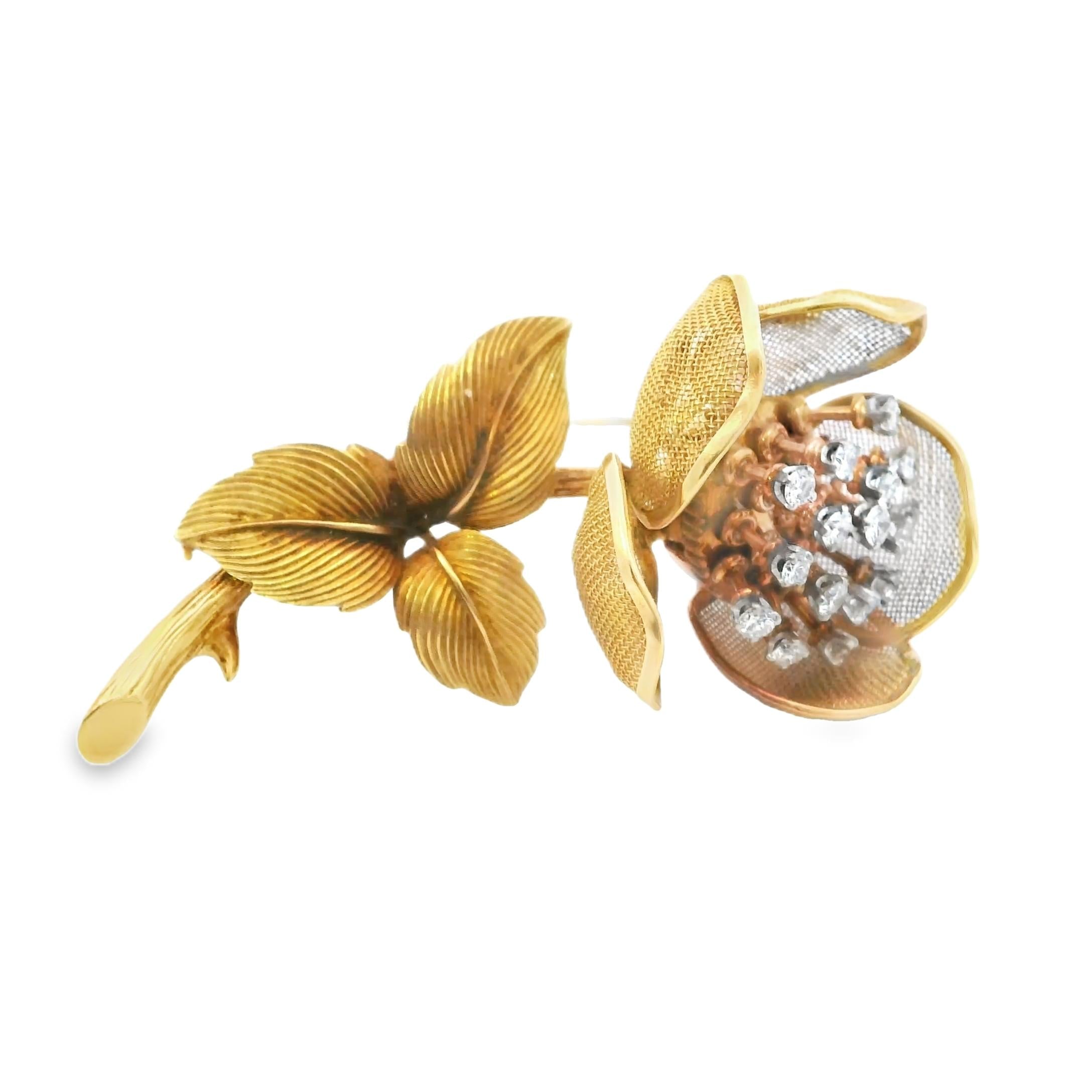 18K Gold French Diamond Rose Flower Brooch