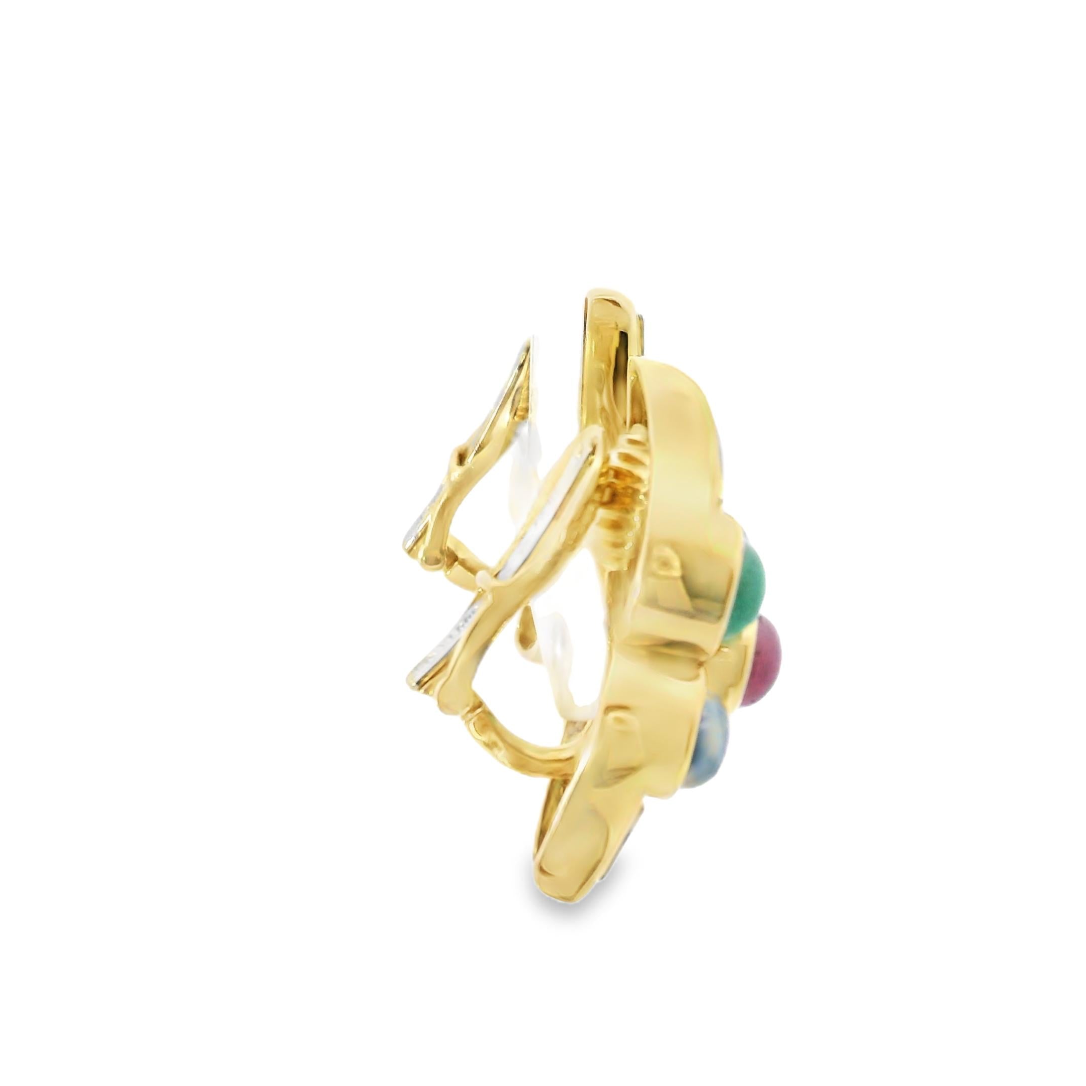 David Webb 18K Yellow Gold Cabochon Sapphire, Emerald, Ruby and Diamond Earrings