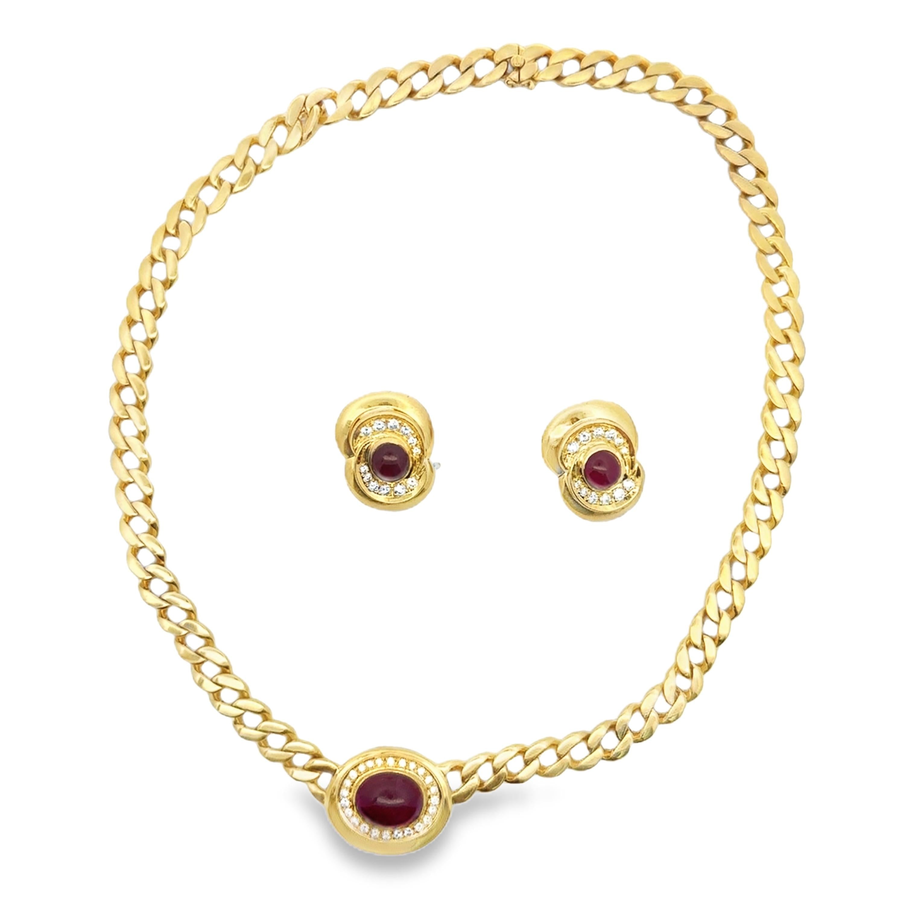 Fred Paris 1980s Ruby and Diamond Necklace and Earrings Suite in 18k Gold