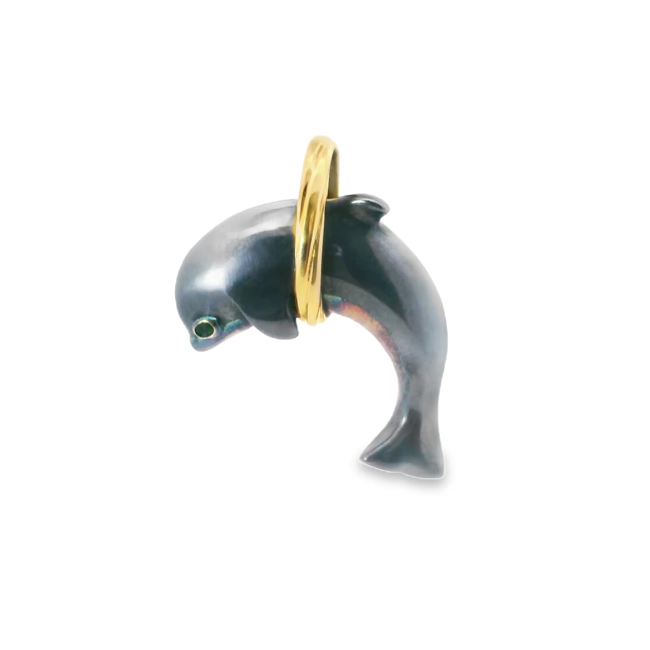 18k Yellow Gold and Hematite Dolphin Pendant By Cartier