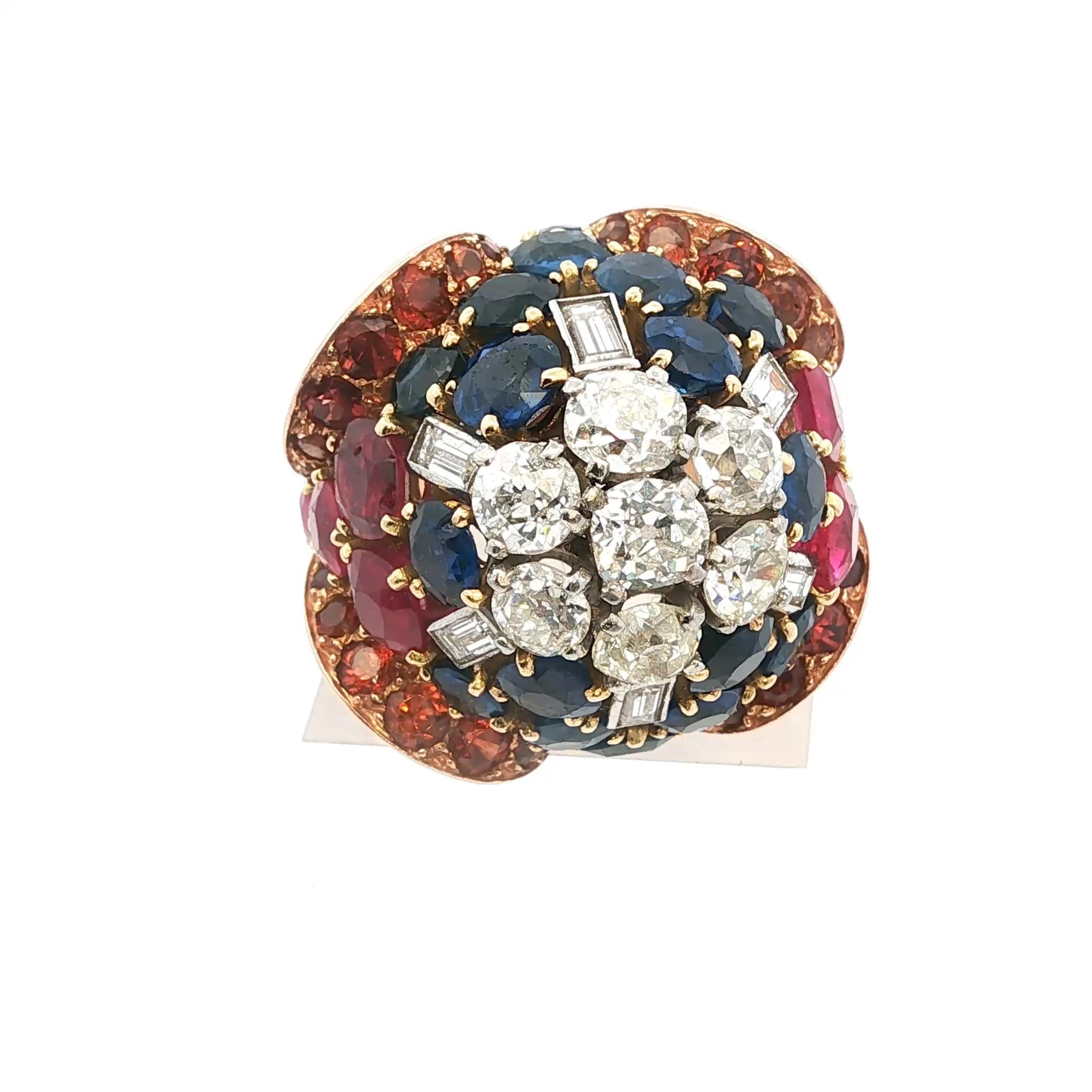 18k pink gold, diamond, blue and orange sapphires and ruby Ring