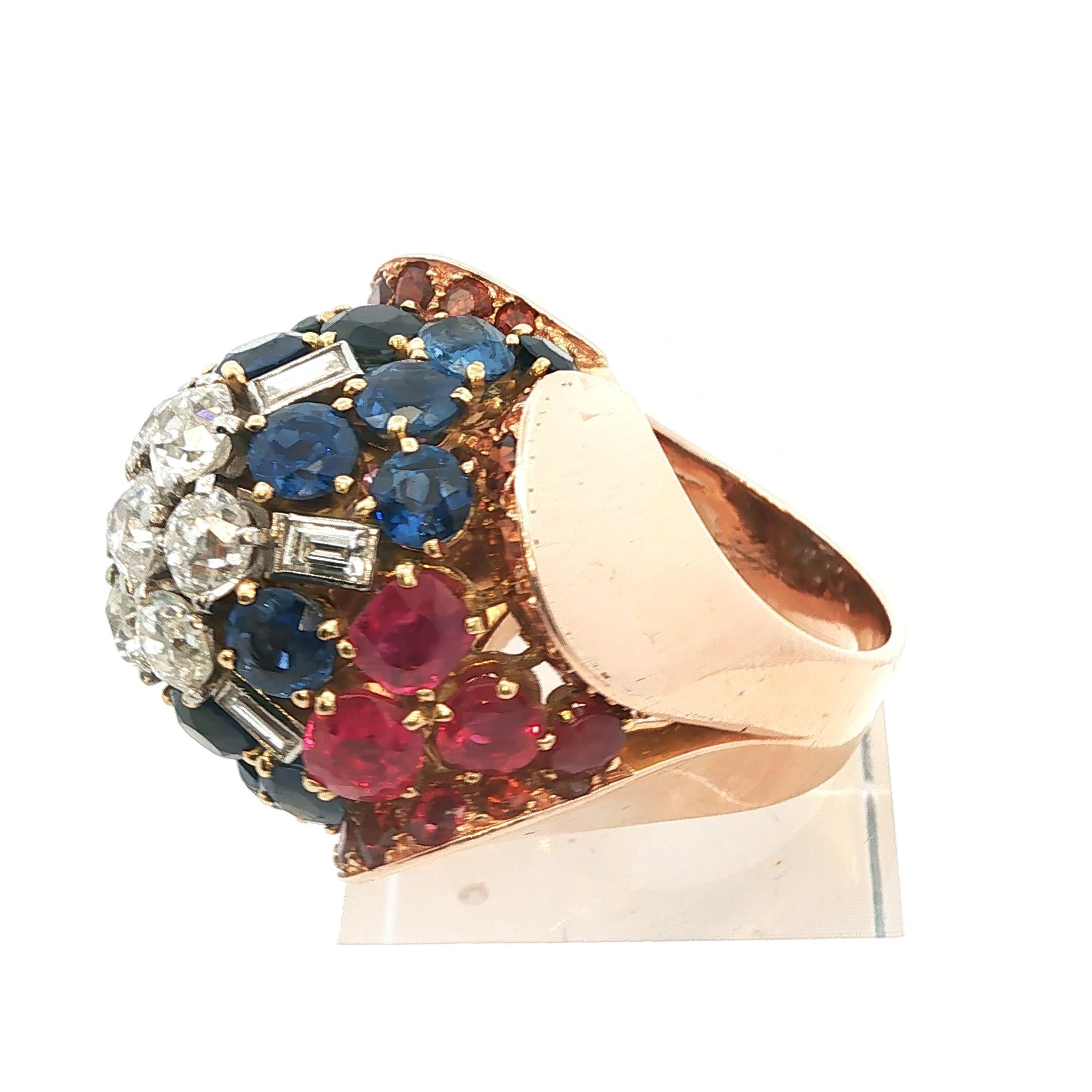18k pink gold, diamond, blue and orange sapphires and ruby Ring