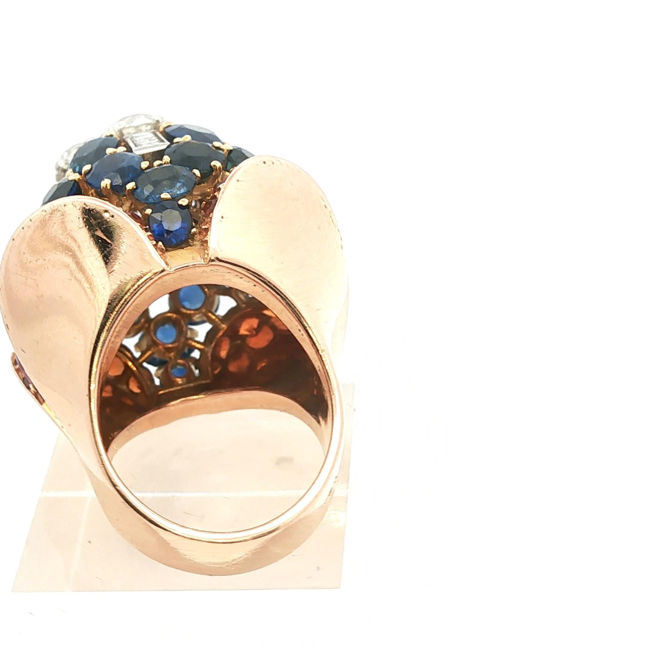 18k pink gold, diamond, blue and orange sapphires and ruby Ring