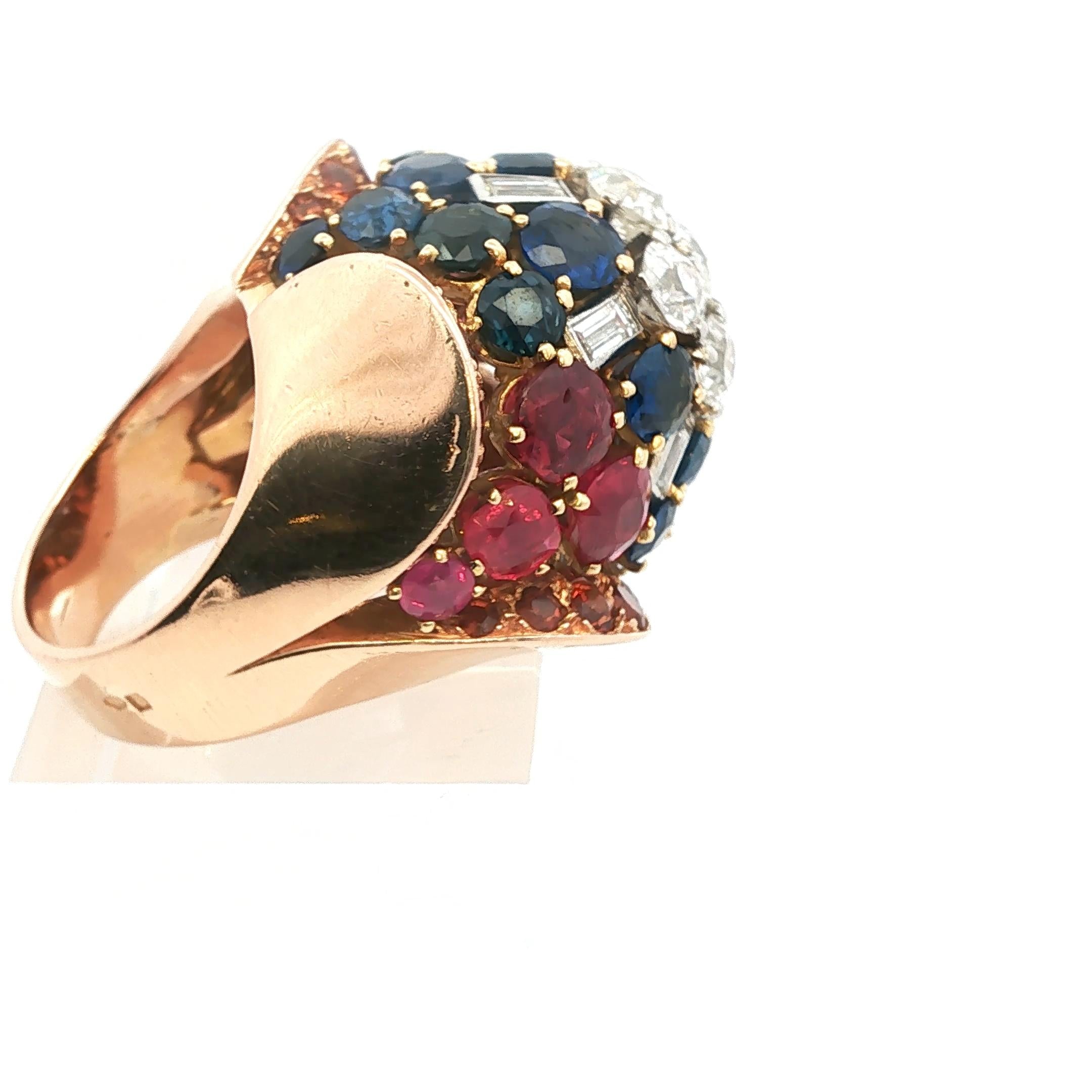 18k pink gold, diamond, blue and orange sapphires and ruby Ring