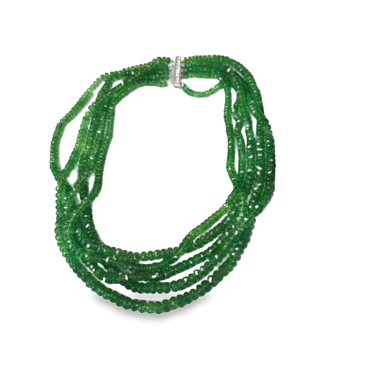 Vintage Five-Strand Emerald Bead Necklace with Diamond Platinum Clasp, view 6