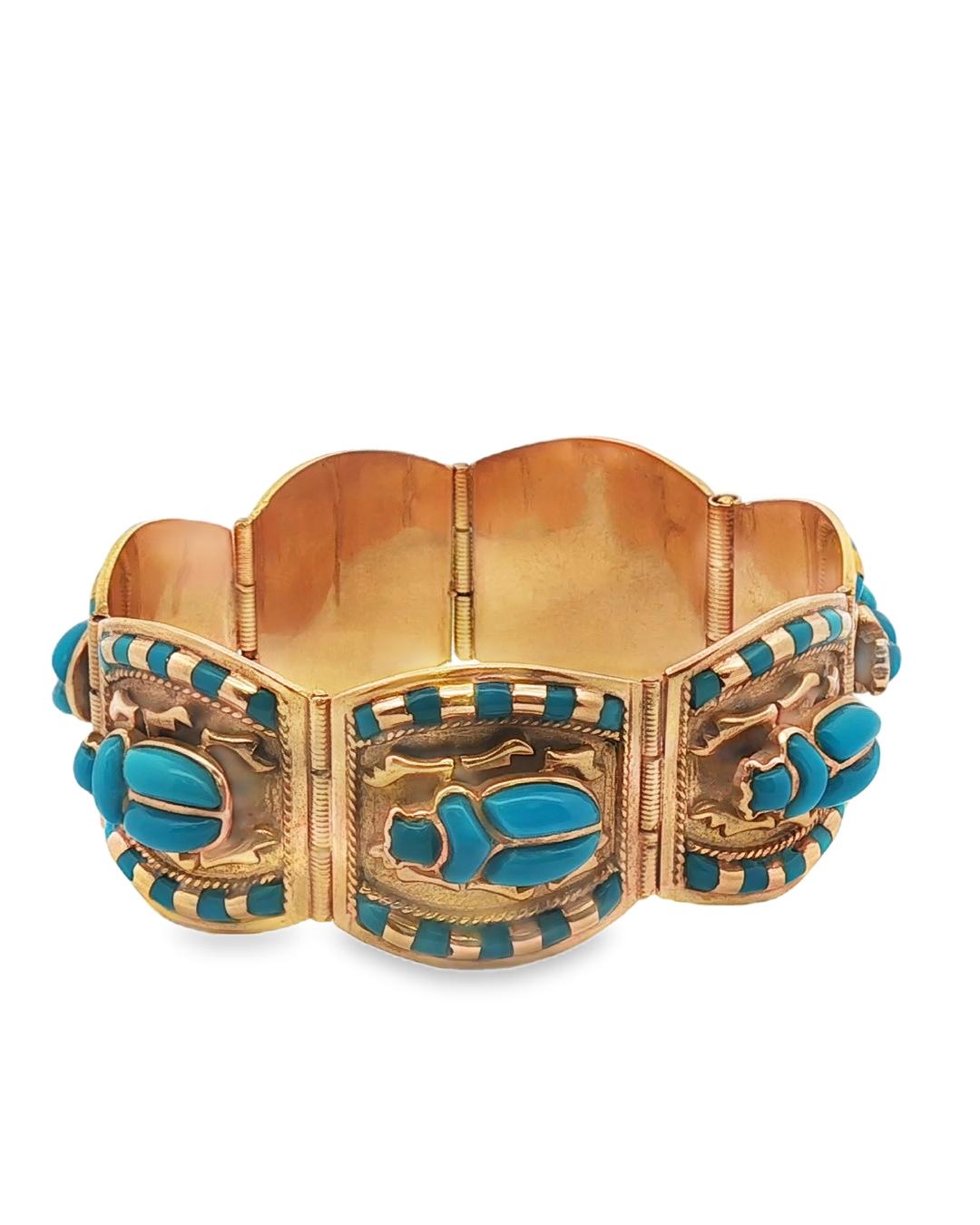 Egyptian Revival Glass and Gold Scarab Bracelet, circa 1970.
