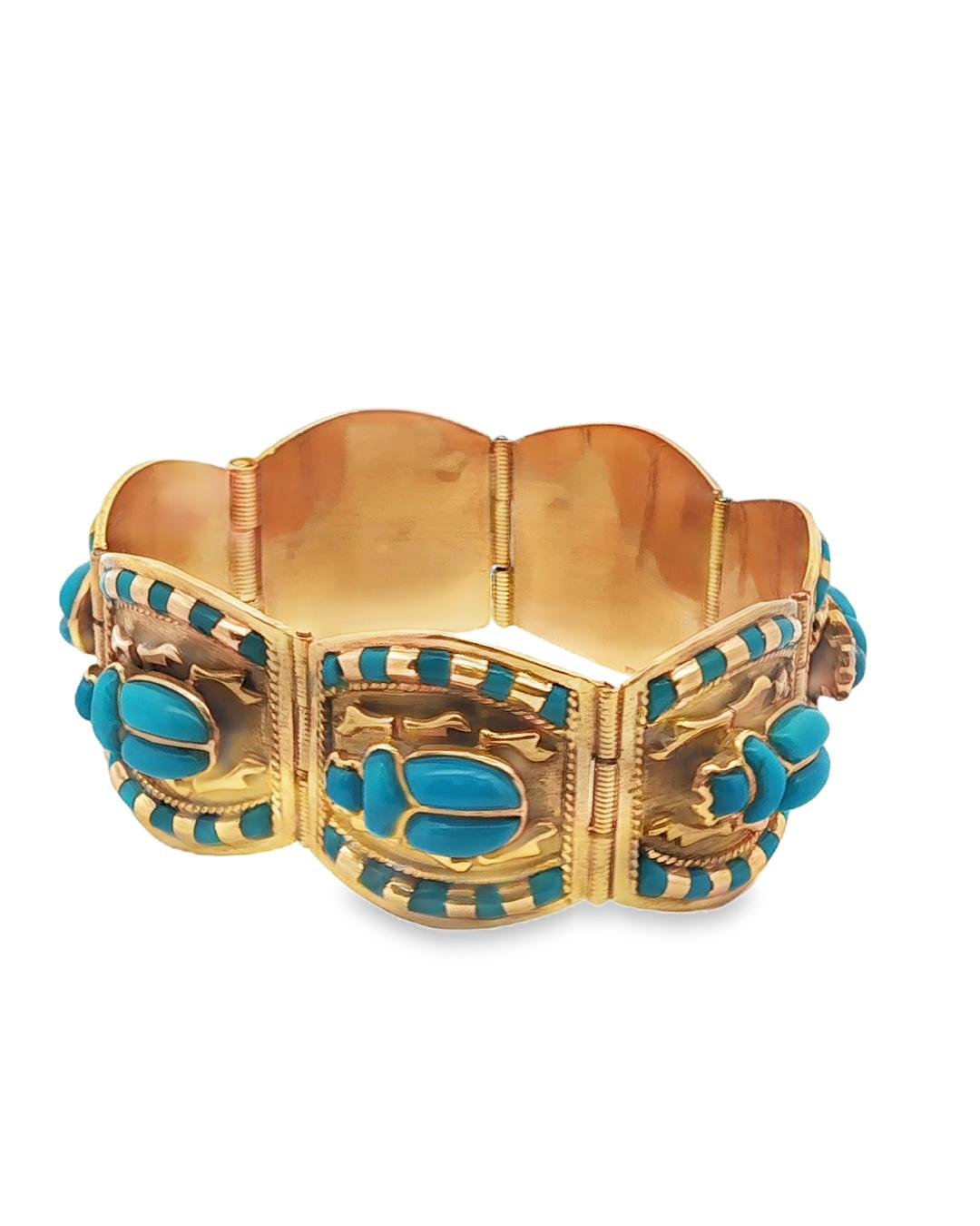 Egyptian Revival Glass and Gold Scarab Bracelet, circa 1970.