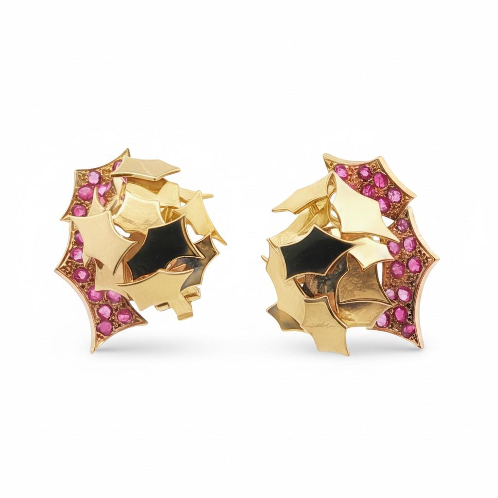 Ruby and Gold Sculptural Earrings  Circa 1980.