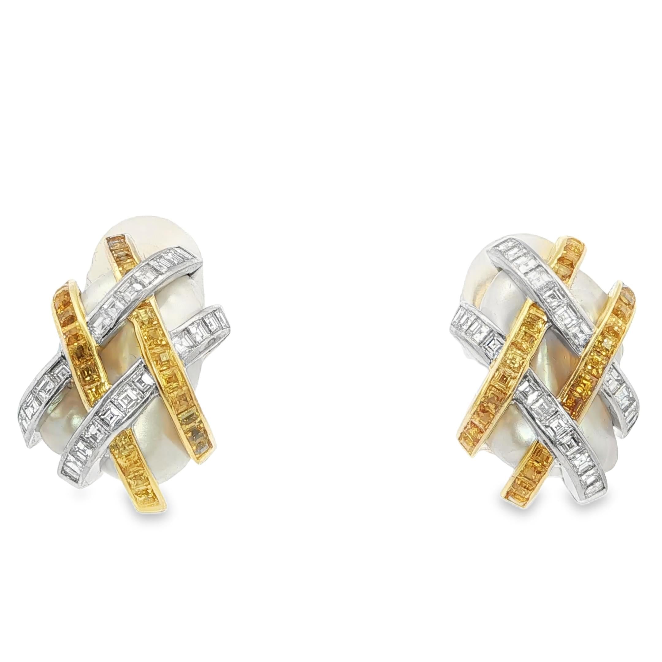 Platinum, Gold, Diamond, Yellow Sapphire, and Pearl Earrings