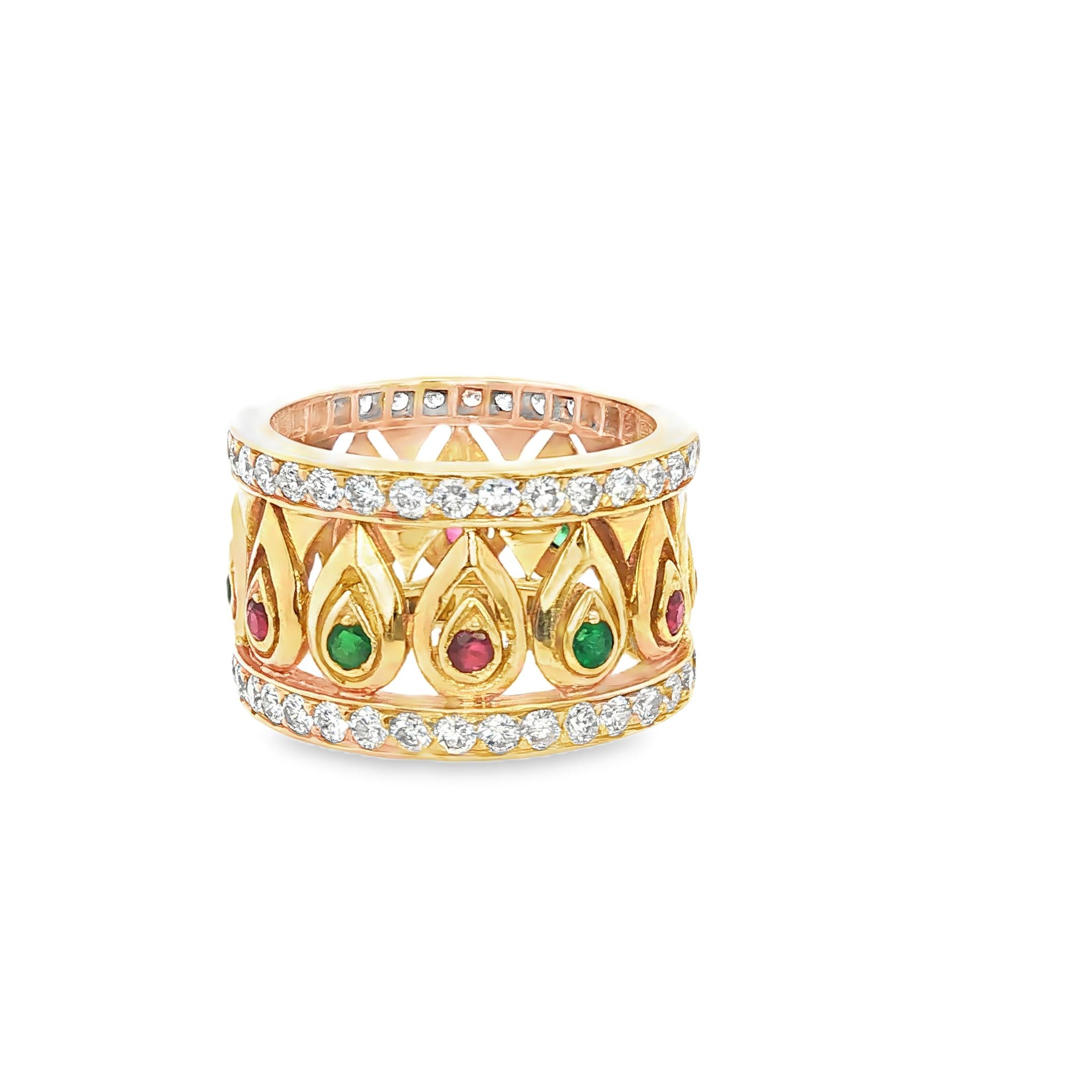 Cartier Tanjore Band Ring in 18K Gold with Diamonds, Rubies, and Emeralds 1980's