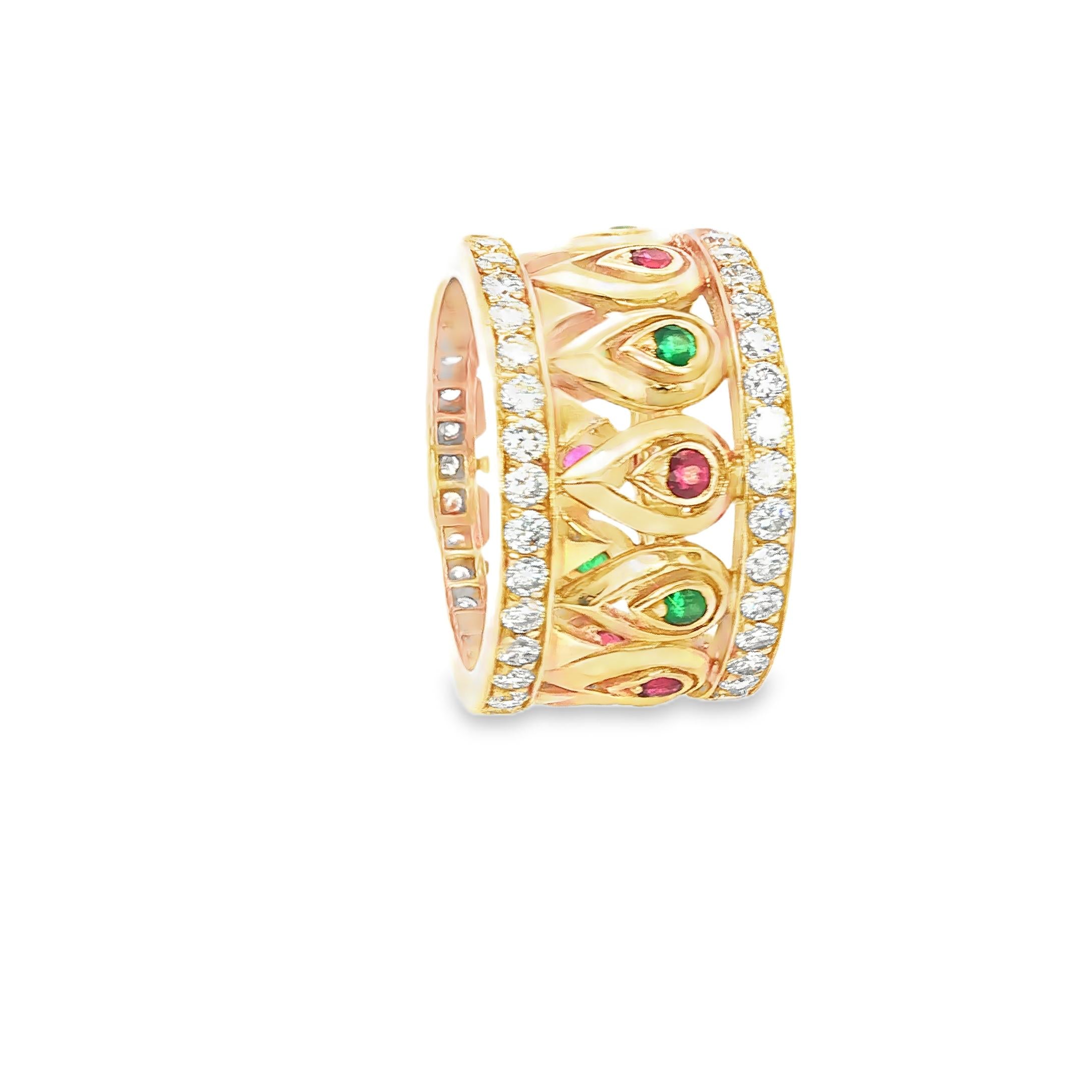 Cartier Tanjore Band Ring in 18K Gold with Diamonds, Rubies, and Emeralds 1980's