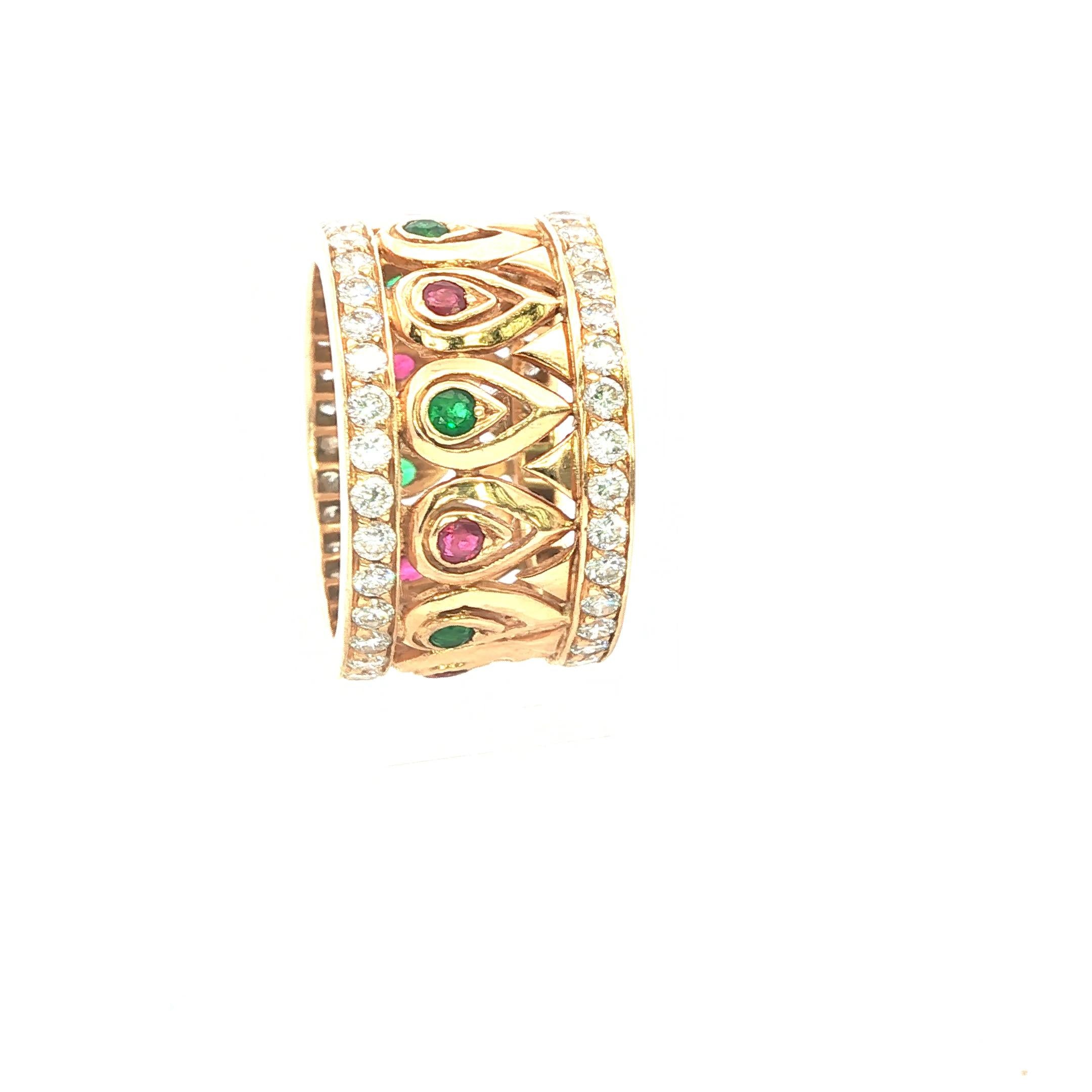 Cartier Tanjore Band Ring in 18K Gold with Diamonds, Rubies, and Emeralds 1980's