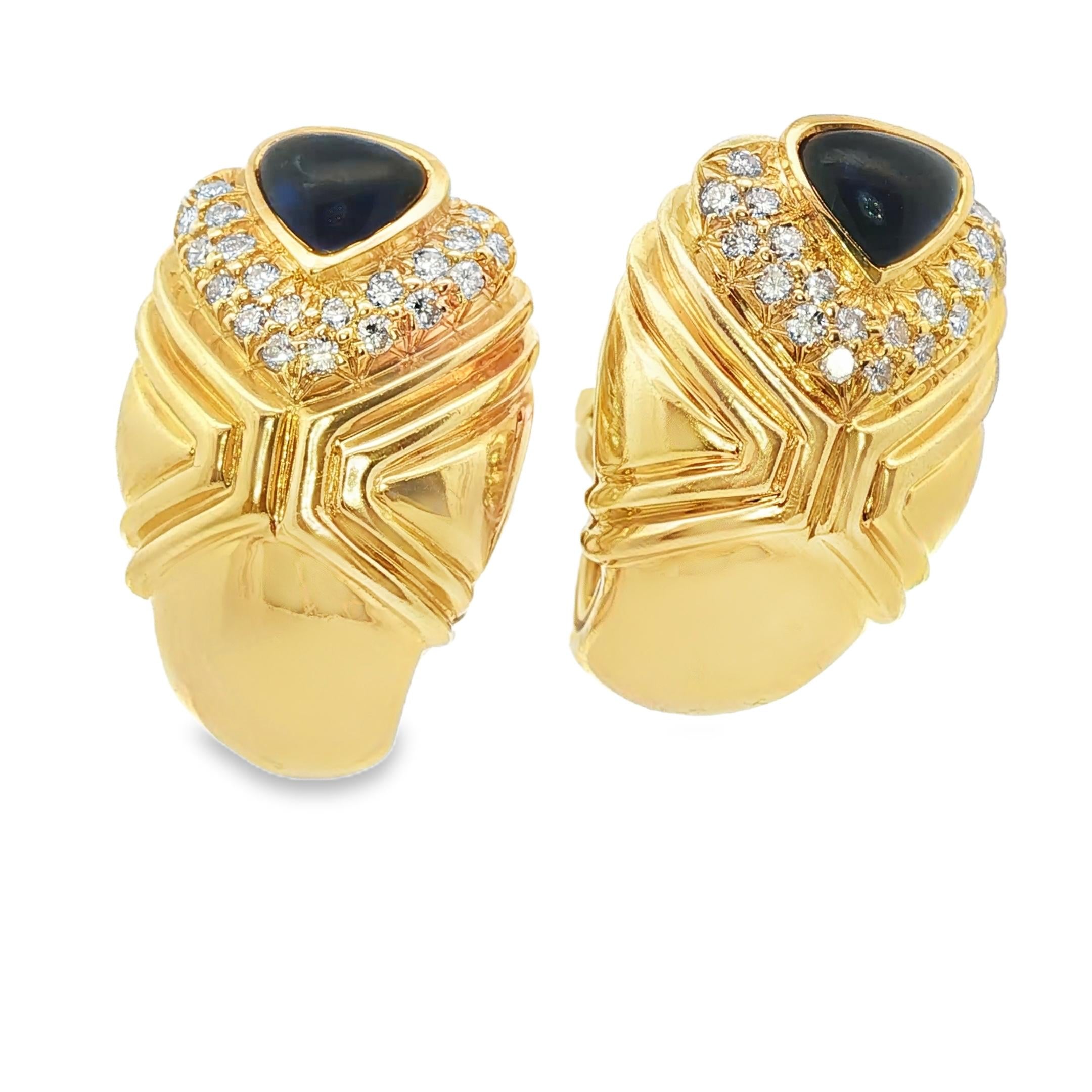 18k Yellow Gold   Vintage Cabochon Sapphire & Diamond  Earrings  - 17.1DWT