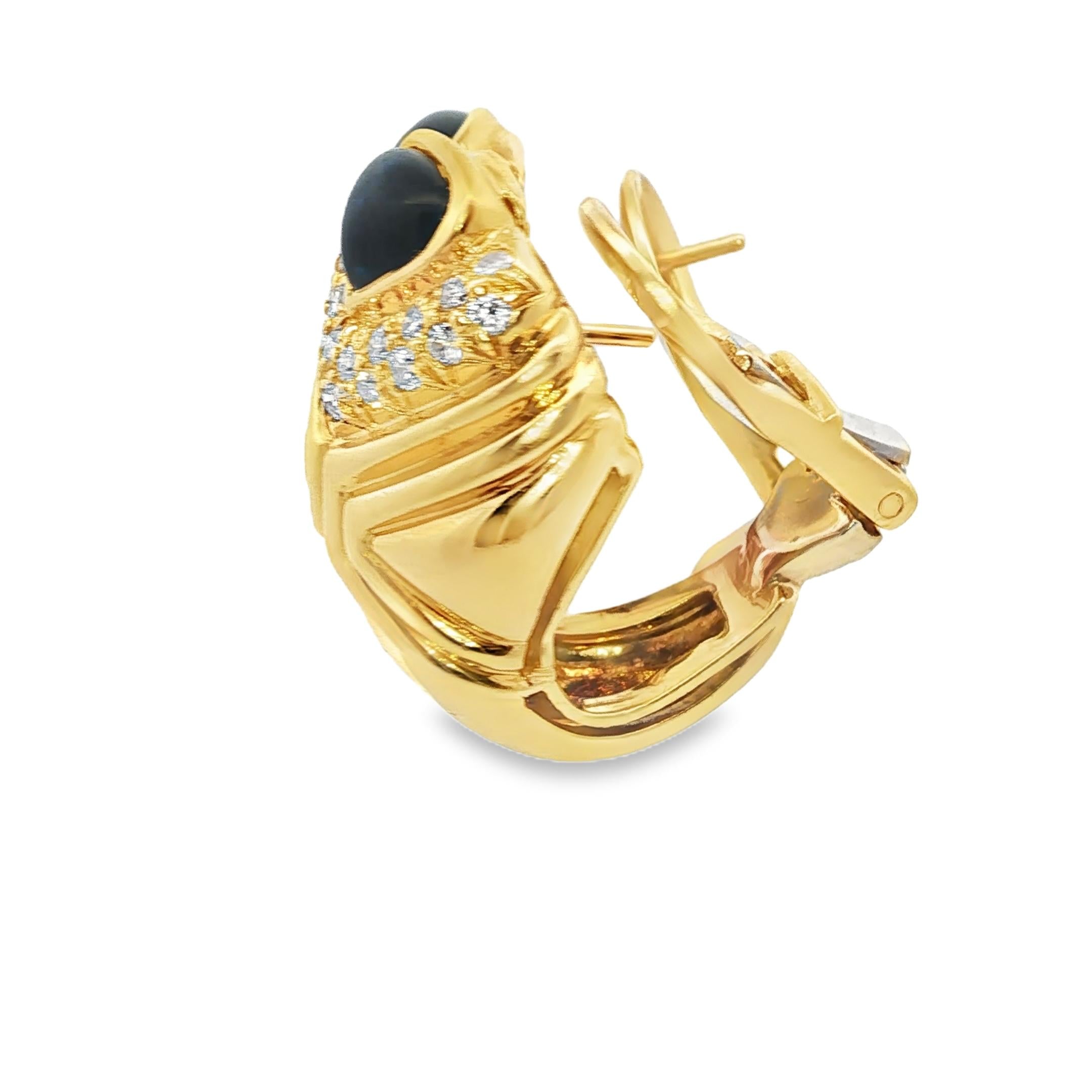 18k Yellow Gold   Vintage Cabochon Sapphire & Diamond  Earrings  - 17.1DWT