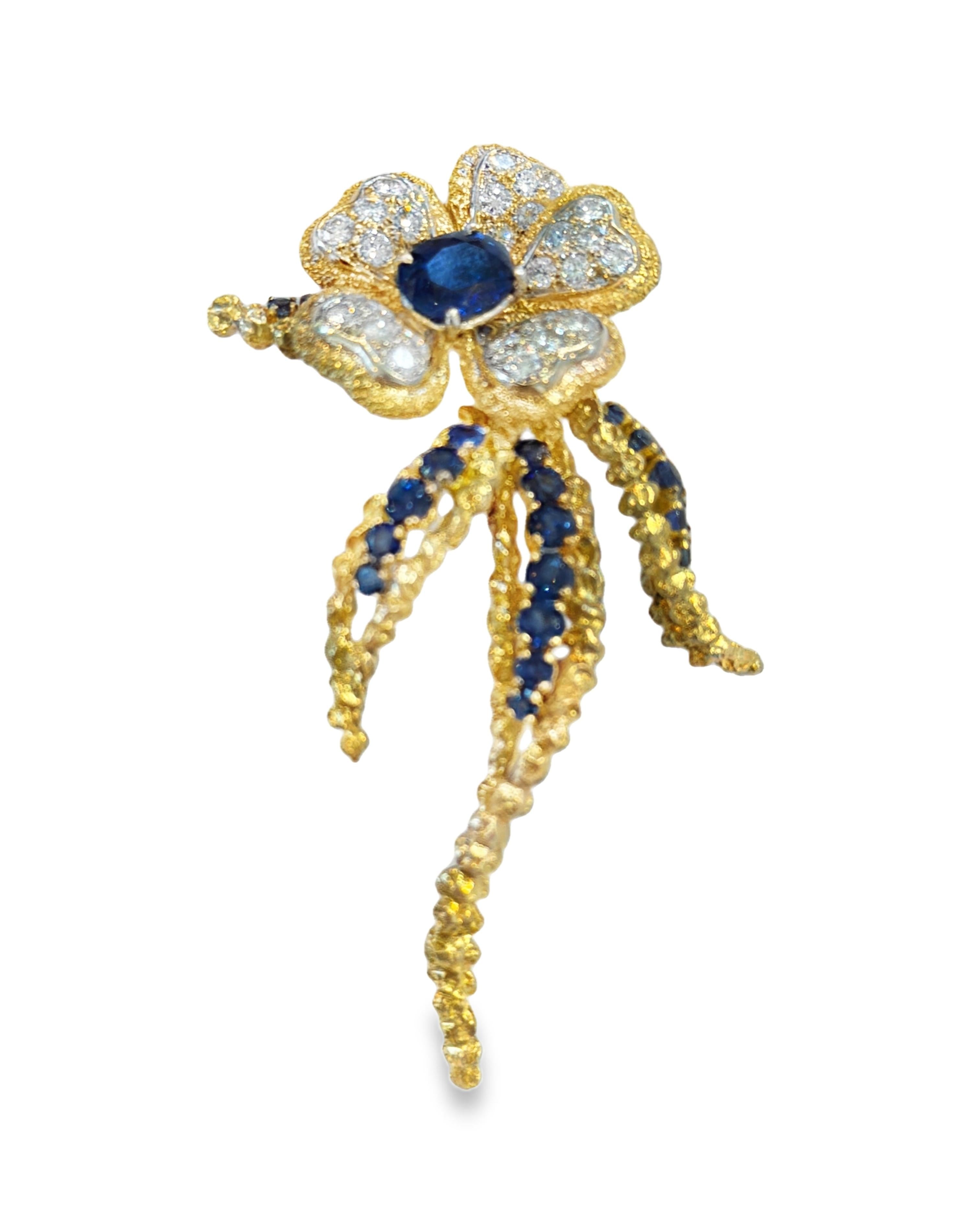 18K Sapphire Diamond Flower French Brooch 1970