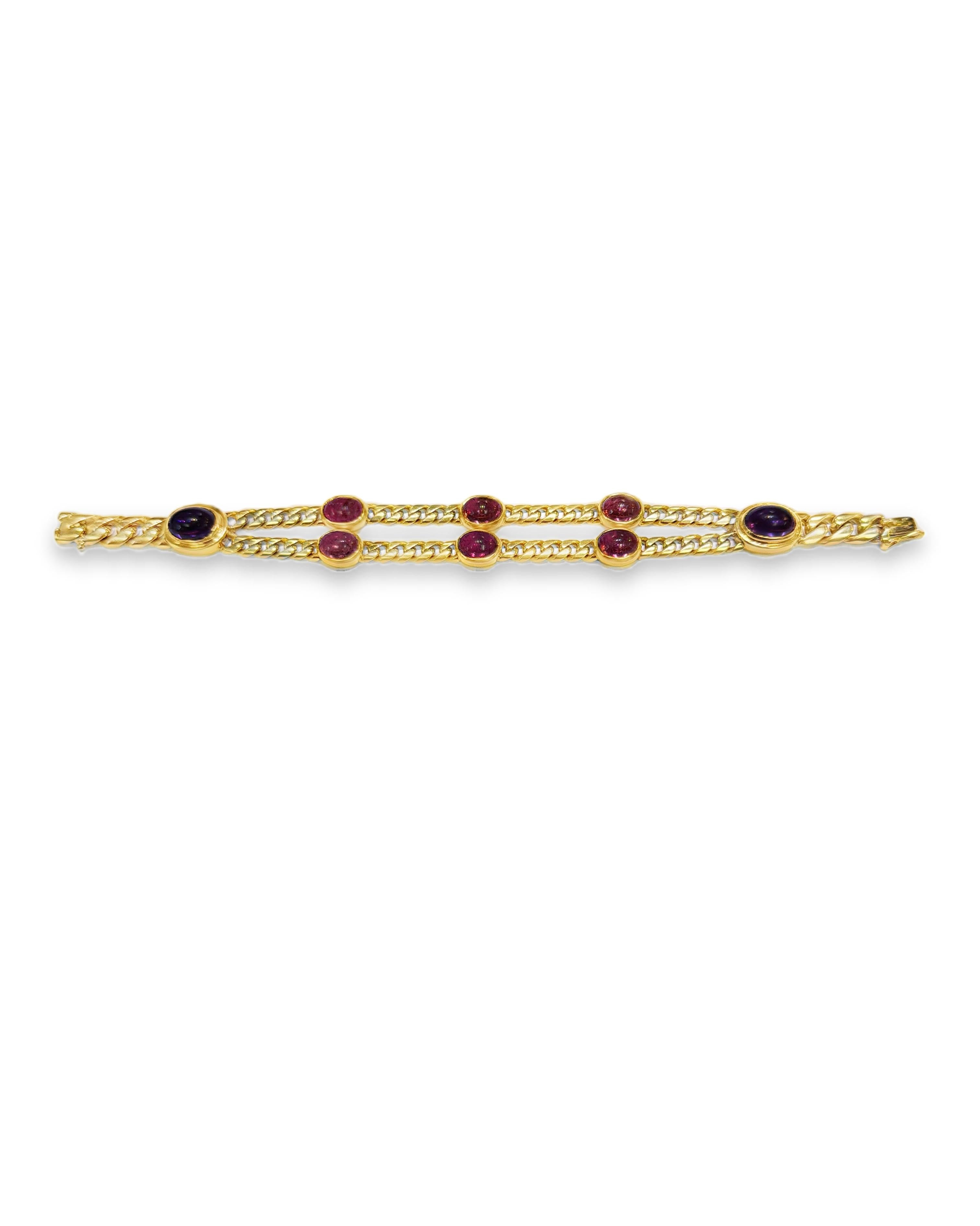 1970s Bulgari Cabochon Tourmaline and Amethyst Bracelet in 18k Gold