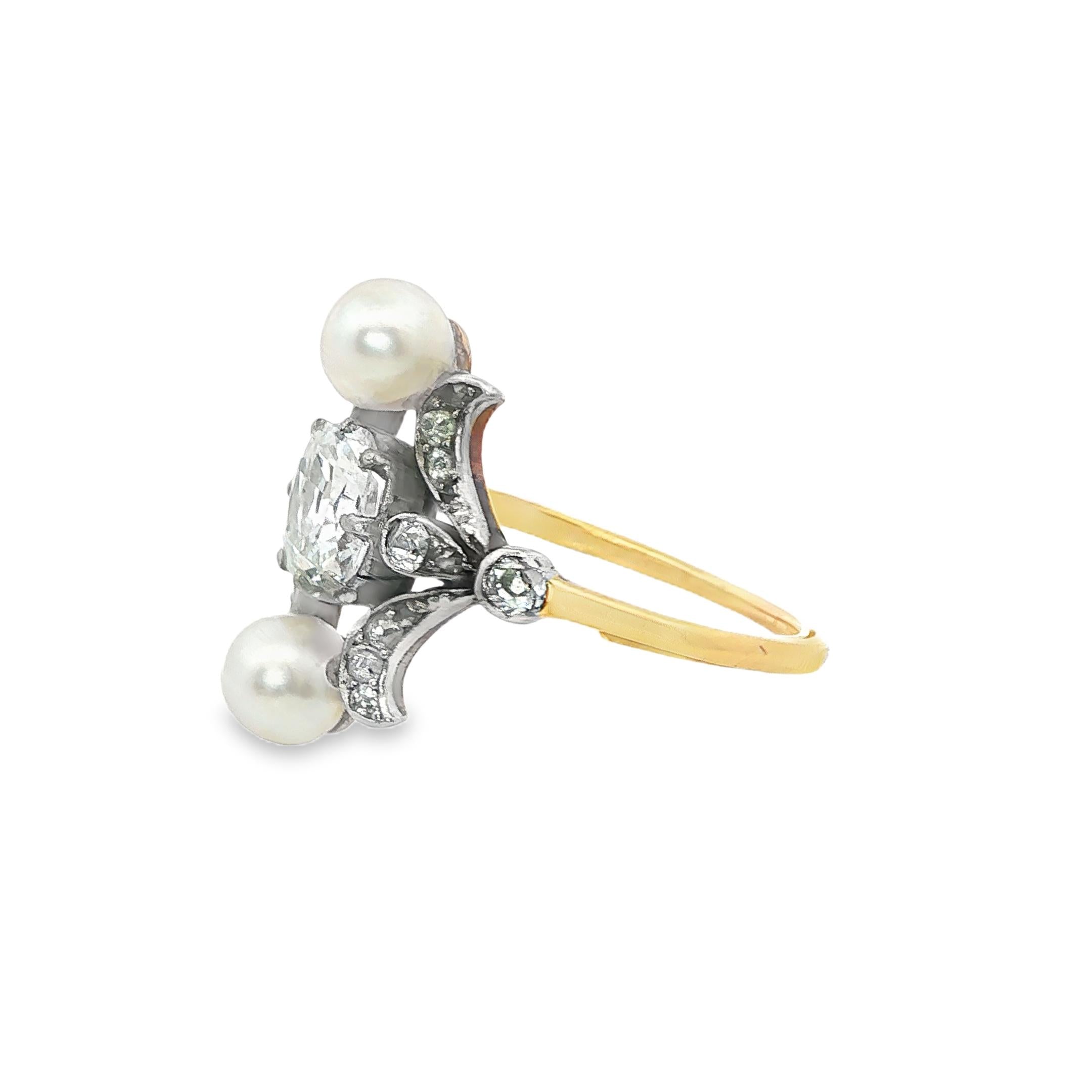 18K Gold Platinum French Belle Epoque Diamond Naturel Pearl Ring