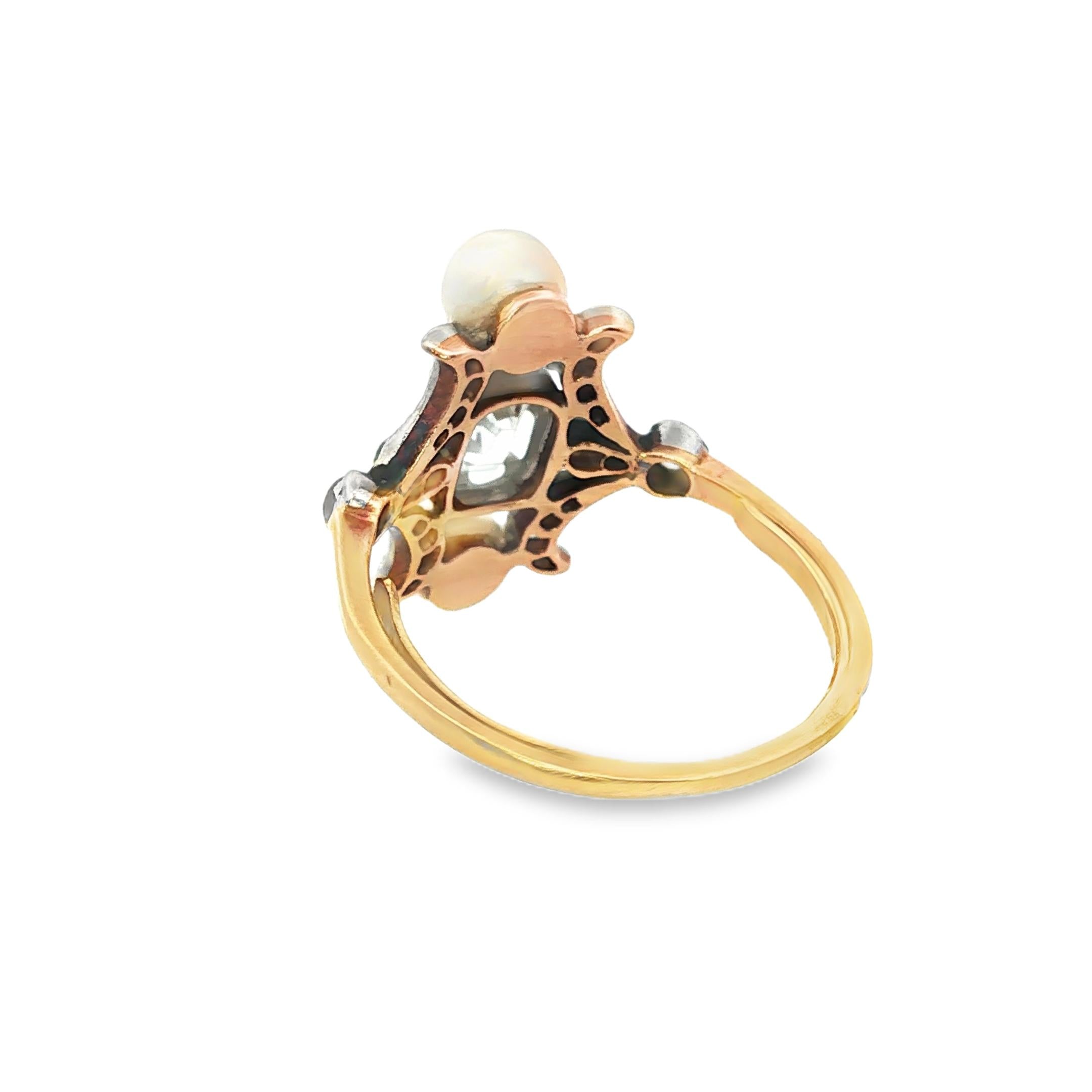 18K Gold Platinum French Belle Epoque Diamond Naturel Pearl Ring