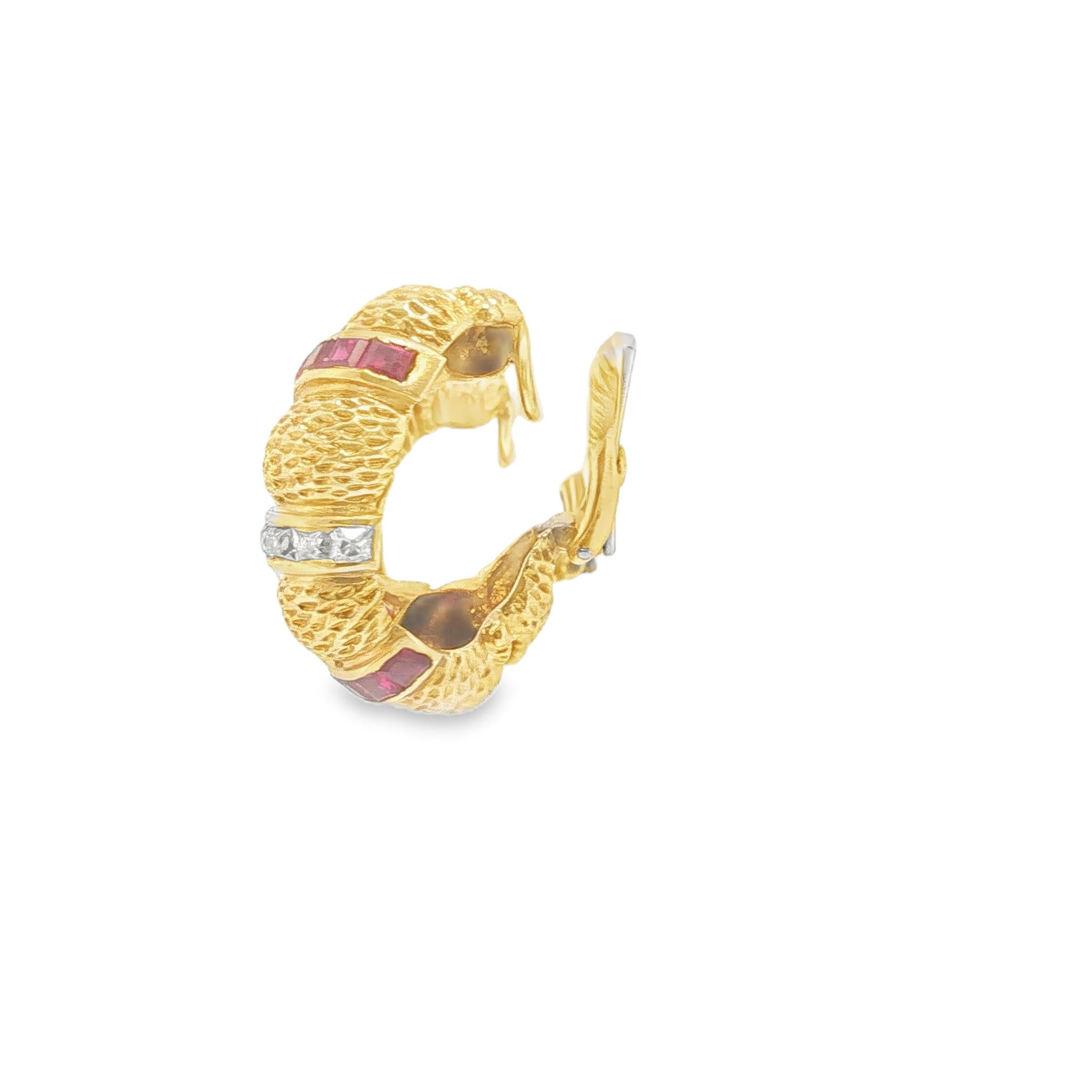 18K Gold French Cut Diamond Ruby Textured Earrings