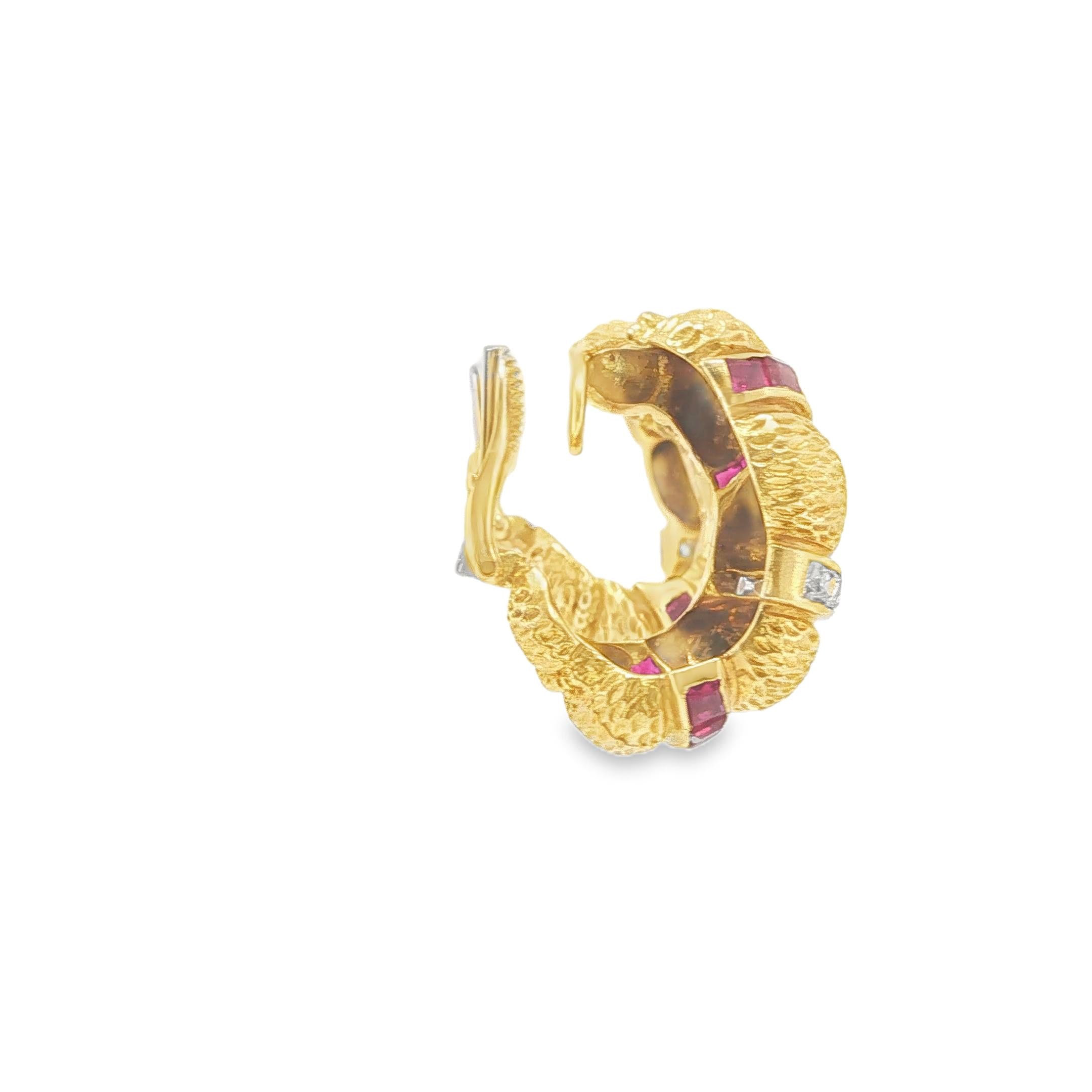 18K Gold French Cut Diamond Ruby Textured Earrings