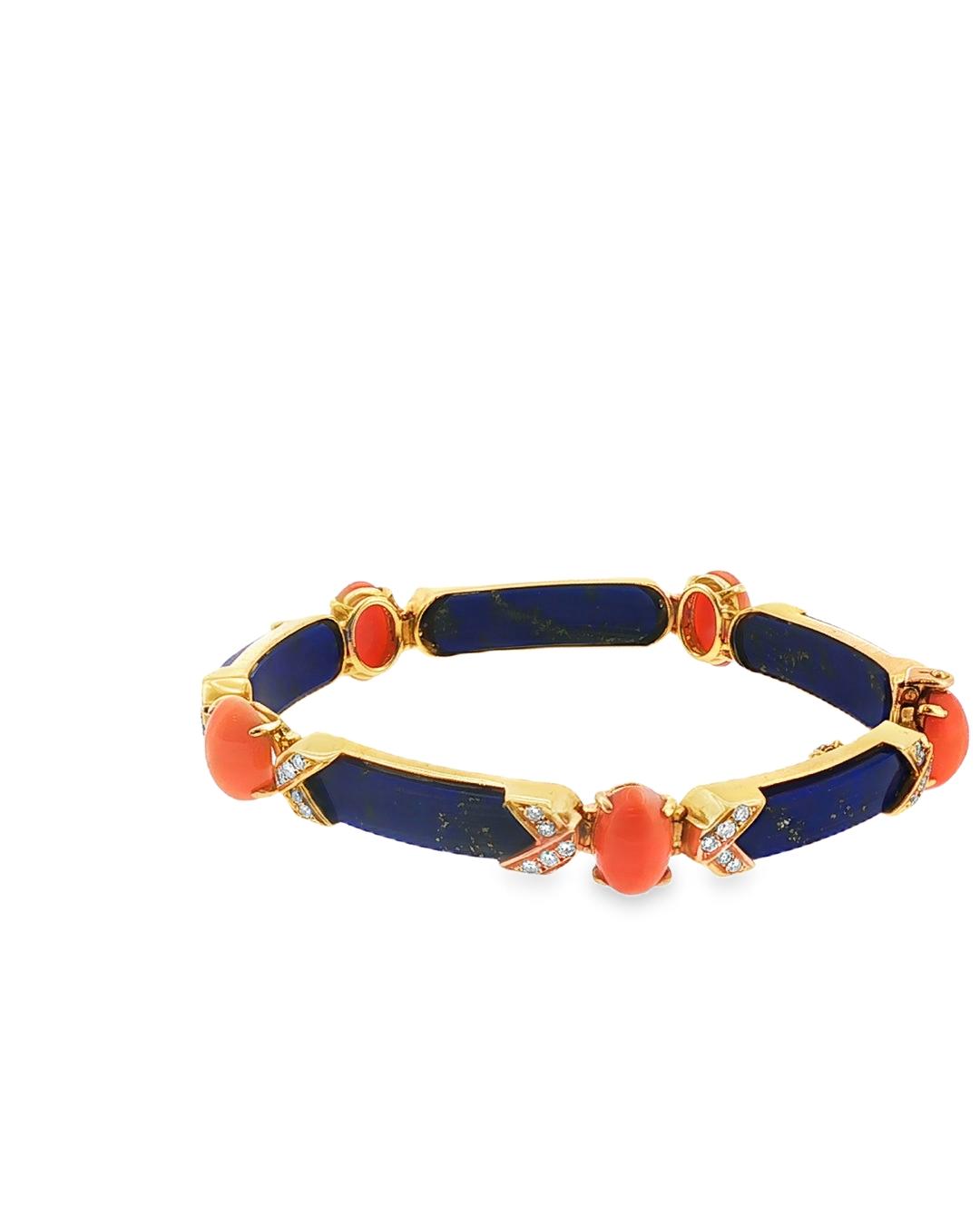Van Cleef & Arpels Coral, Lapis & Diamond Bracelet 18K Yellow Gold, France, 1960