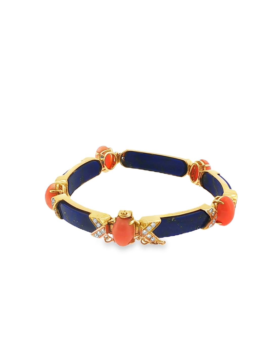 Van Cleef & Arpels Coral, Lapis & Diamond Bracelet 18K Yellow Gold, France, 1960