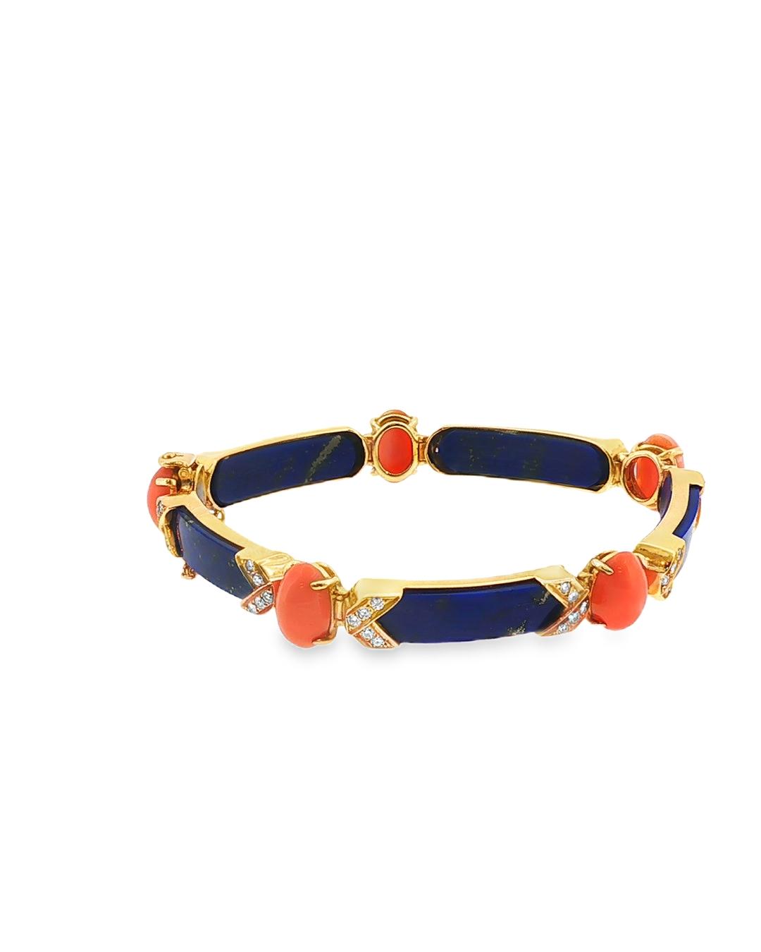 Van Cleef & Arpels Coral, Lapis & Diamond Bracelet 18K Yellow Gold, France, 1960