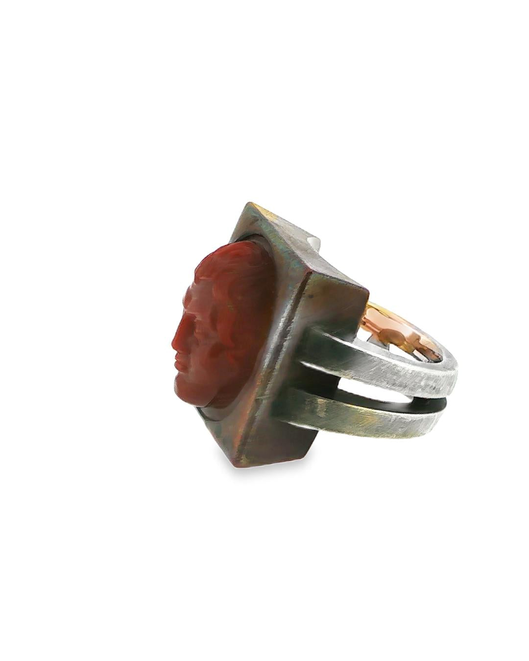 18K White Copper Silver Hemmerle Carved Cameo Cornelian Ring
