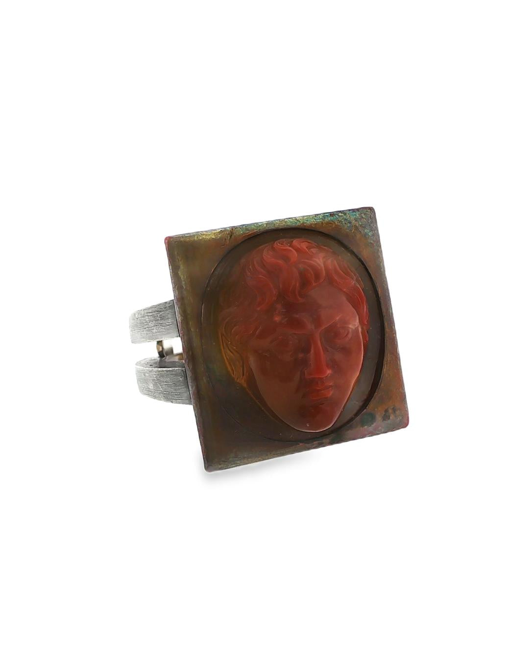 18K White Copper Silver Hemmerle Carved Cameo Cornelian Ring