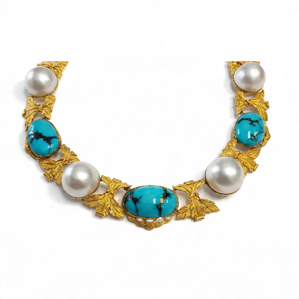 Buccellati Turquoise and Pearl Necklace in 18K Yellow Gold, 1960s, view 3