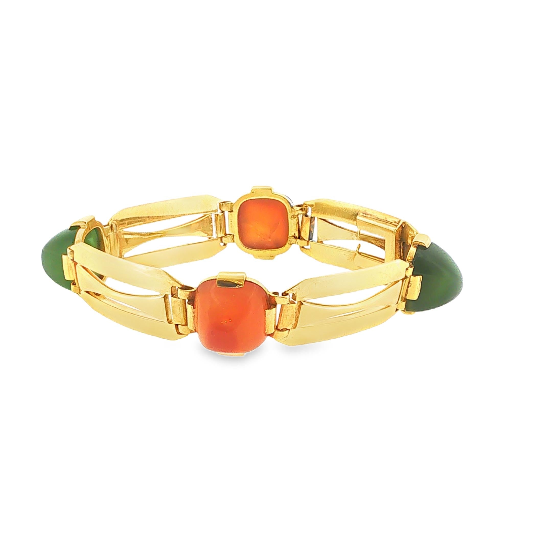 Marzo 18k Yellow Gold Carnelian and Agate Bracelet, France, 1940s